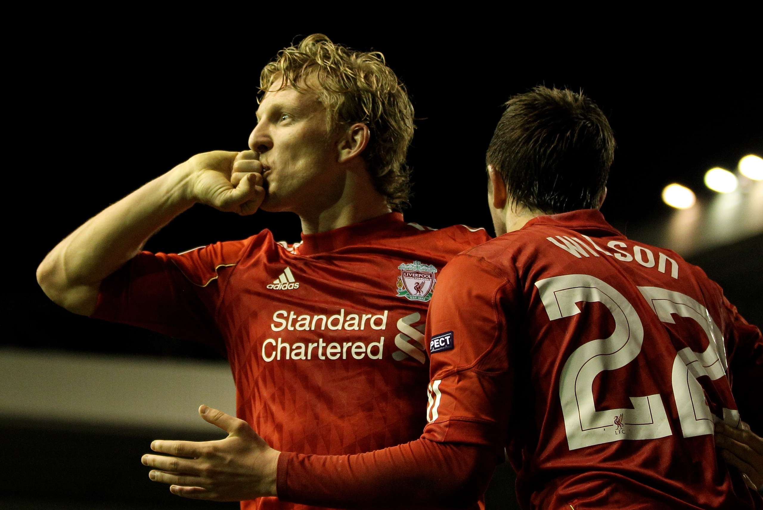 LIVERPOOL, ENGLAND - FEBRUARY 24: Dirk Kuyt of Liverpool celebrates scoring the winning goal during the UEFA Europa League Round of 32 2nd leg match beteween Liverpool and Sparta Prague at Anfield on February 24, 2011 in Liverpool, England. (Photo by Ri LIVERPOOL, ENGLAND - FEBRUARY 24: Dirk Kuyt of Liverpool celebrates scoring the winning goal during the UEFA Europa League Round of 32 2nd leg match beteween Liverpool and Sparta Prague at Anfield on February 24, 2011 in Liverpool, England. (Photo by Ri