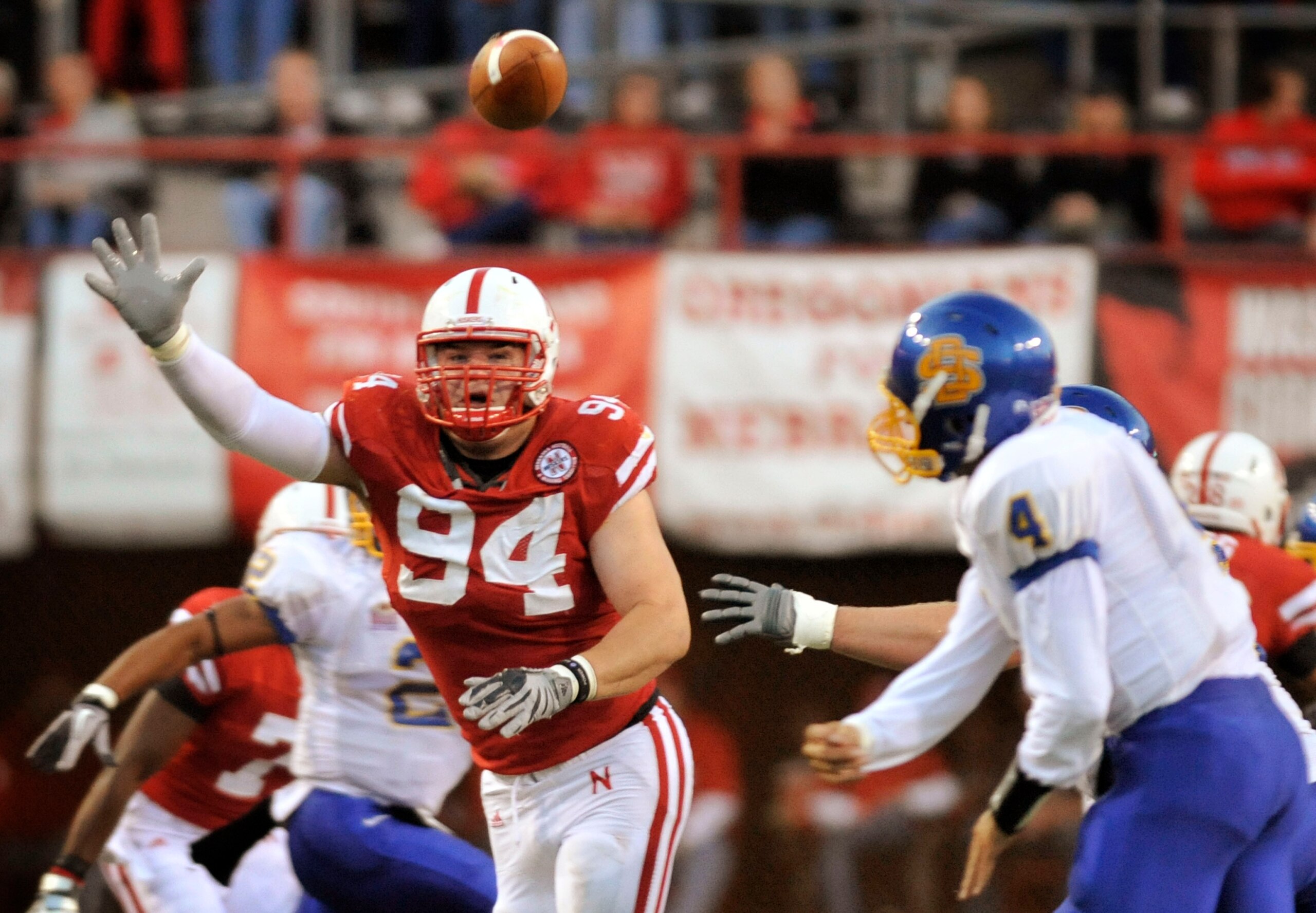 LINCOLN, NE - SEPTEMBER 25: Defensive tackle Jared Crick #94 of the Nebraska Cornhuskers tries to bat down a pass from  quarterback Thomas O'Brien #4 of the South Dakota State Jackrabbitsduring first half action of their game at Memorial Stadium on Septem
