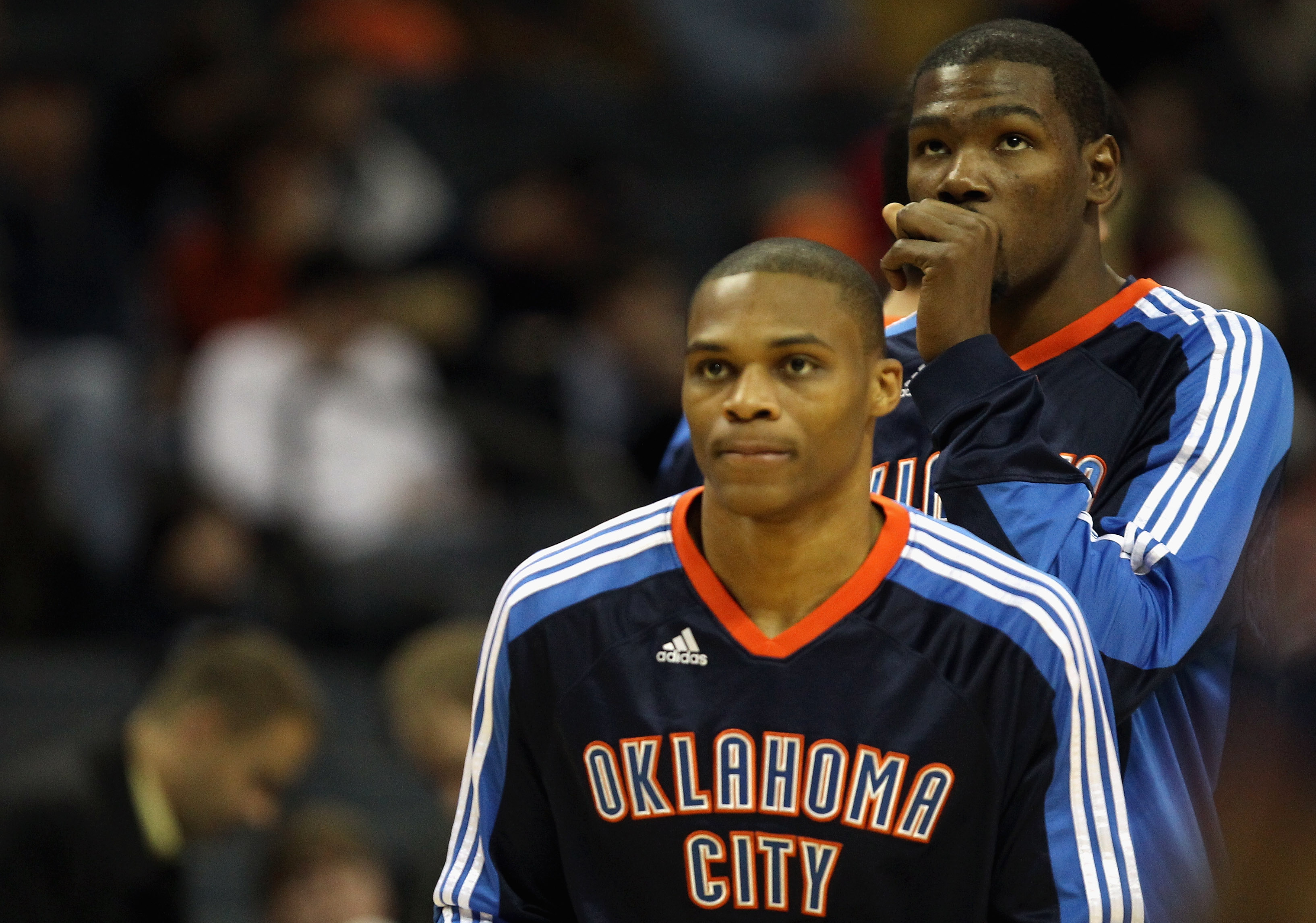 CHARLOTTE, NC - DECEMBER 21:  Teammates Kevin Durant #35 and Russell Westbrook #0 of the Oklahoma Thunder warmup before the start of their game against the Charlotte Bobcats at Time Warner Cable Arena on December 21, 2010 in Charlotte, North Carolina. NOT