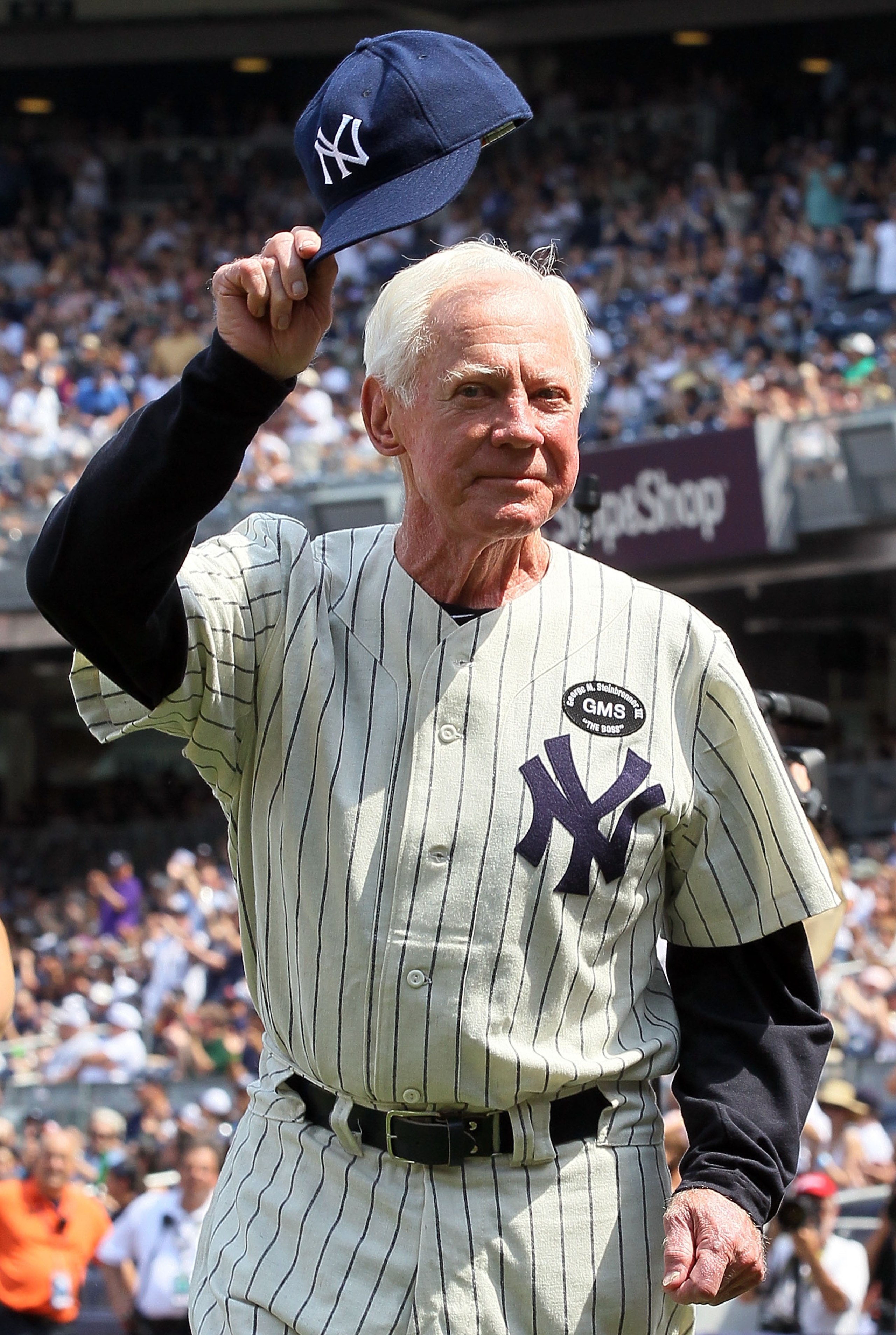 NEW YORK - JULY 17:  Hall of Famer Whitey Ford is introduced during the New York Yankees 64th Old-Timer's Day before the MLB game against the Tampa Bay Rays on July 17, 2010 at Yankee Stadium in the Bronx borough of New York City.  (Photo by Jim McIsaac/G