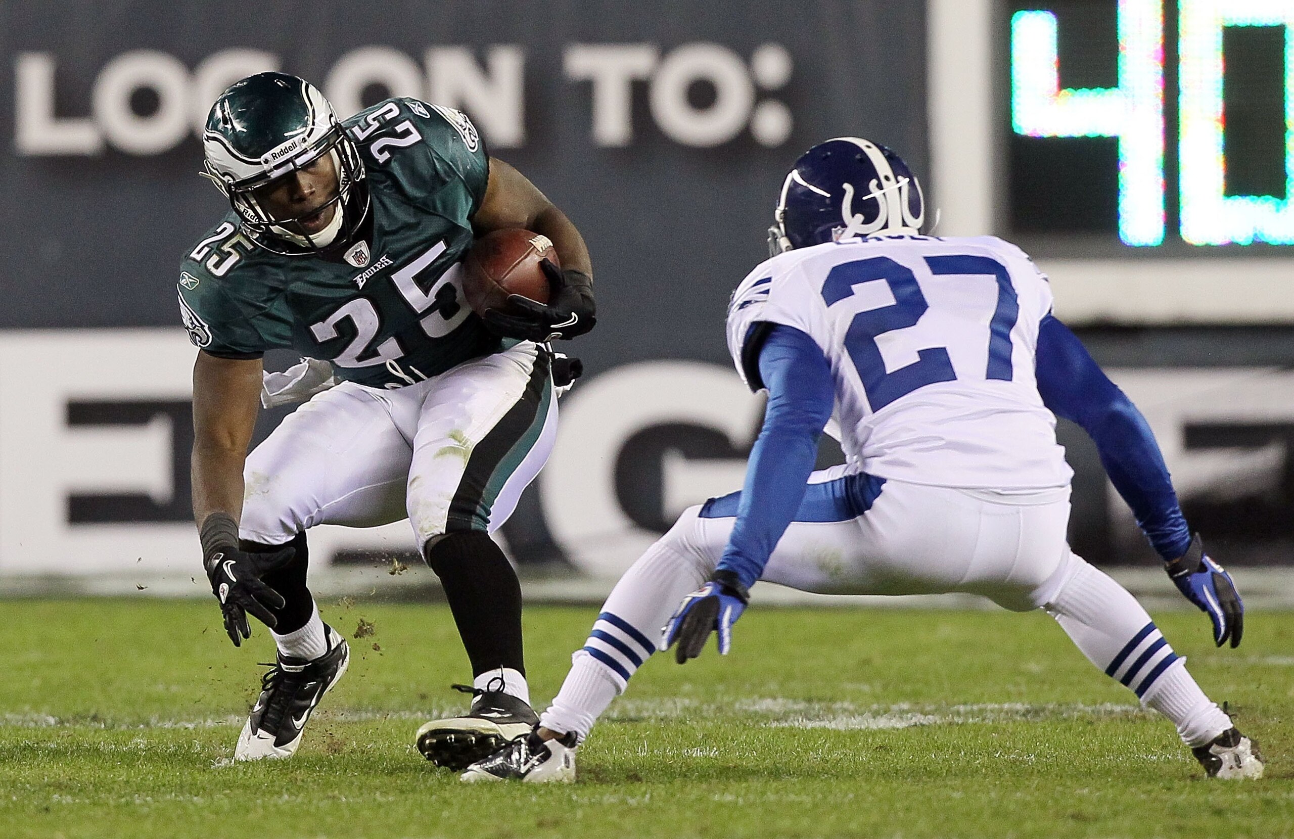 PHILADELPHIA - NOVEMBER 07:  LeSean McCoy #25 of the Philadelphia Eagles against Jacob Lacey #27 of the Indianapolis Colts on November 7, 2010 at Lincoln Financial Field in Philadelphia, Pennsylvania. The Eagles defeated the Colts 26-24.  (Photo by Jim Mc