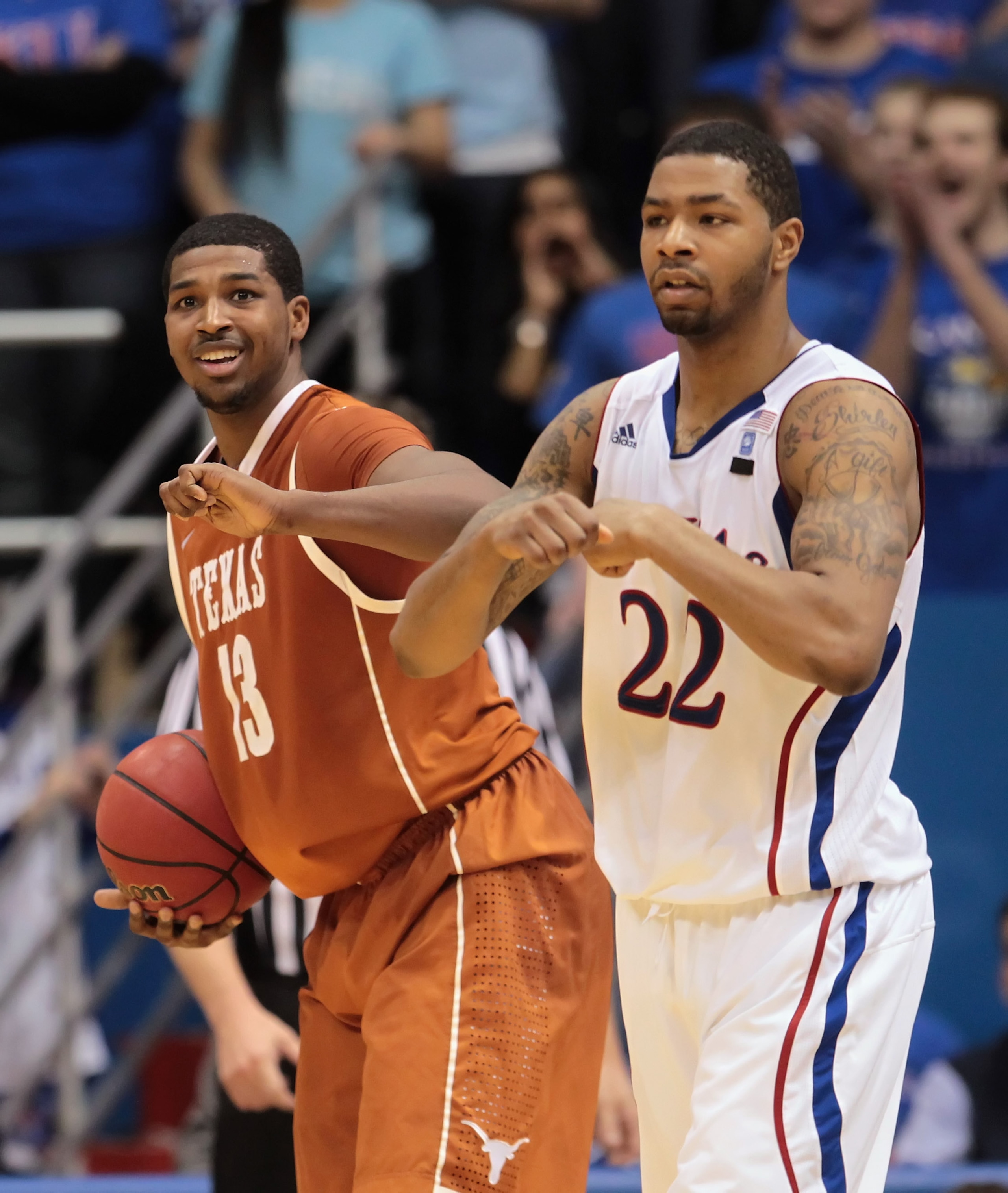 LAWRENCE, KS - JANUARY 22: Tristan Thompson #13 of the Texas Longhorns smiles after drawing a foul from Marcus Morris #22 of the Kansas Jayhawks during the second half of the game on January 22, 2011 at Allen Fieldhouse in Lawrence, Kansas. (Photo by Jami LAWRENCE, KS - JANUARY 22: Tristan Thompson #13 of the Texas Longhorns smiles after drawing a foul from Marcus Morris #22 of the Kansas Jayhawks during the second half of the game on January 22, 2011 at Allen Fieldhouse in Lawrence, Kansas. (Photo by Jami