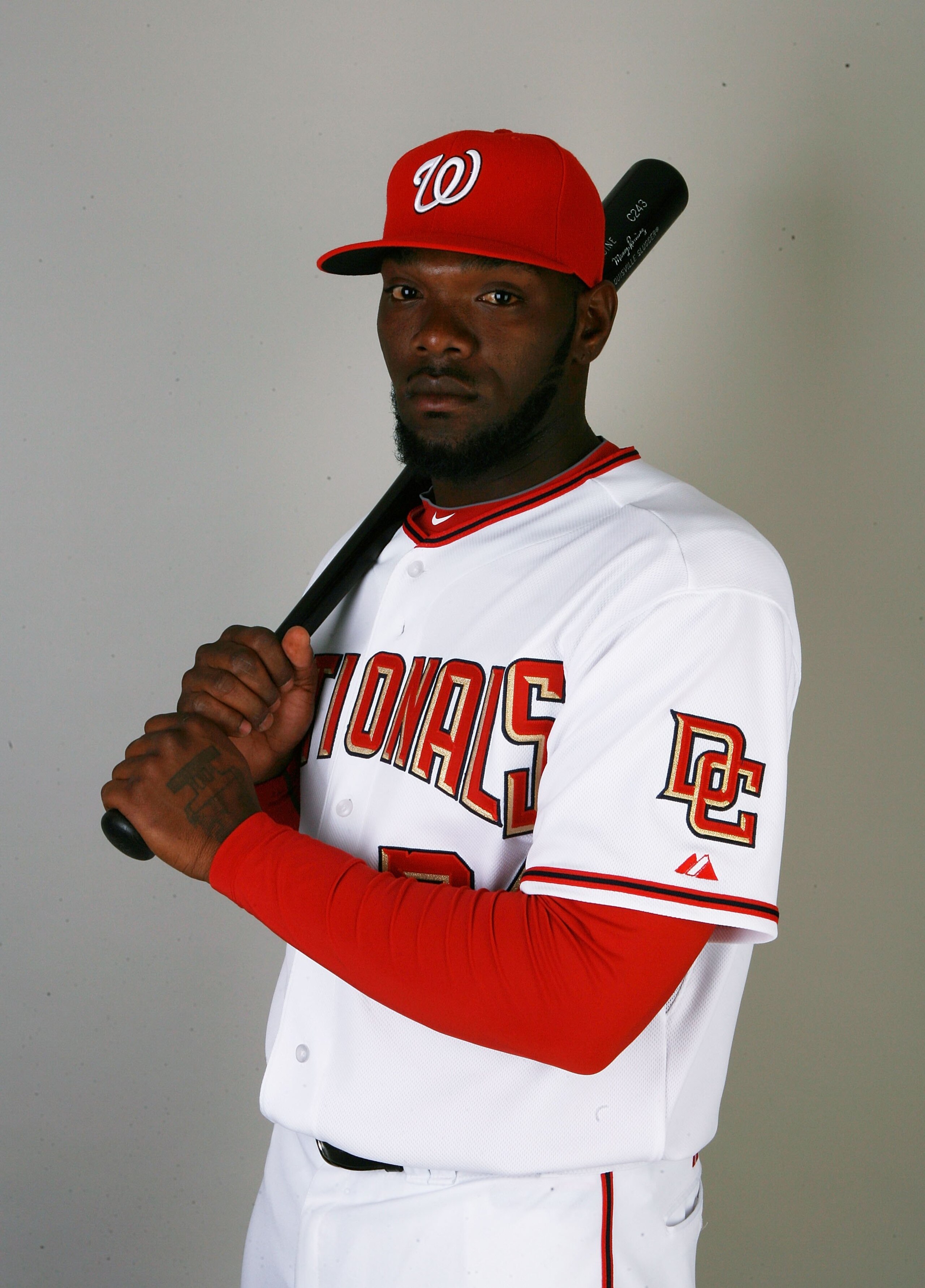 VIERA, FL - FEBRUARY 28:  Outfielder Elijah Dukes #34 of the Washington Nationals poses during photo day at Space Coast Stadium on February 28, 2010 in Viera, Florida.  (Photo by Doug Benc/Getty Images)