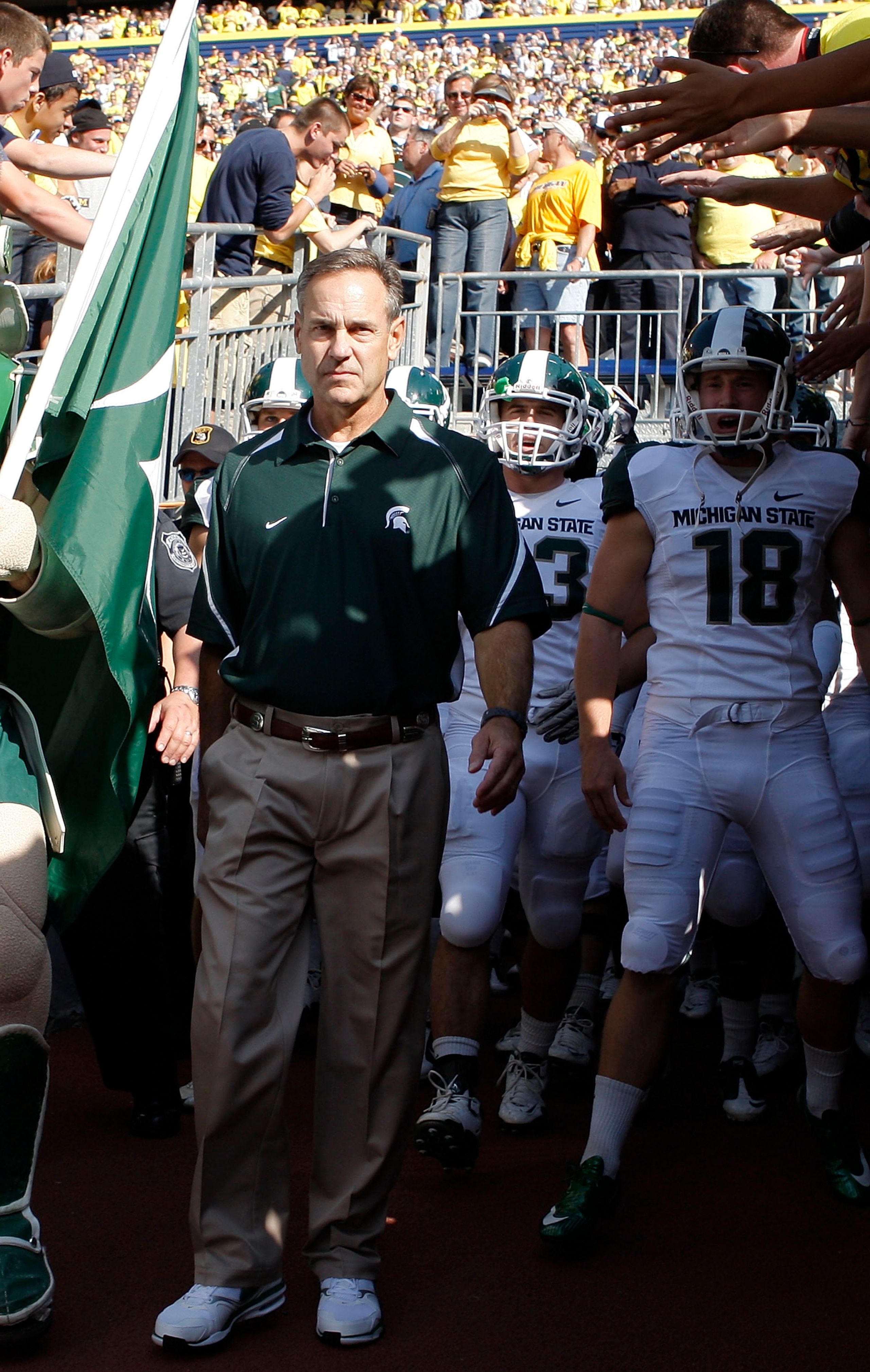 ANN ARBOR, MI - OCTOBER 09:  Michigan State head coach Mark Dantonio gets ready to enter the field prior to the start of the game against the Michigan Wolverines October 9, 2010 at Michigan Stadium in Ann Arbor, Michigan. The Spartans defeated the Wolveri
