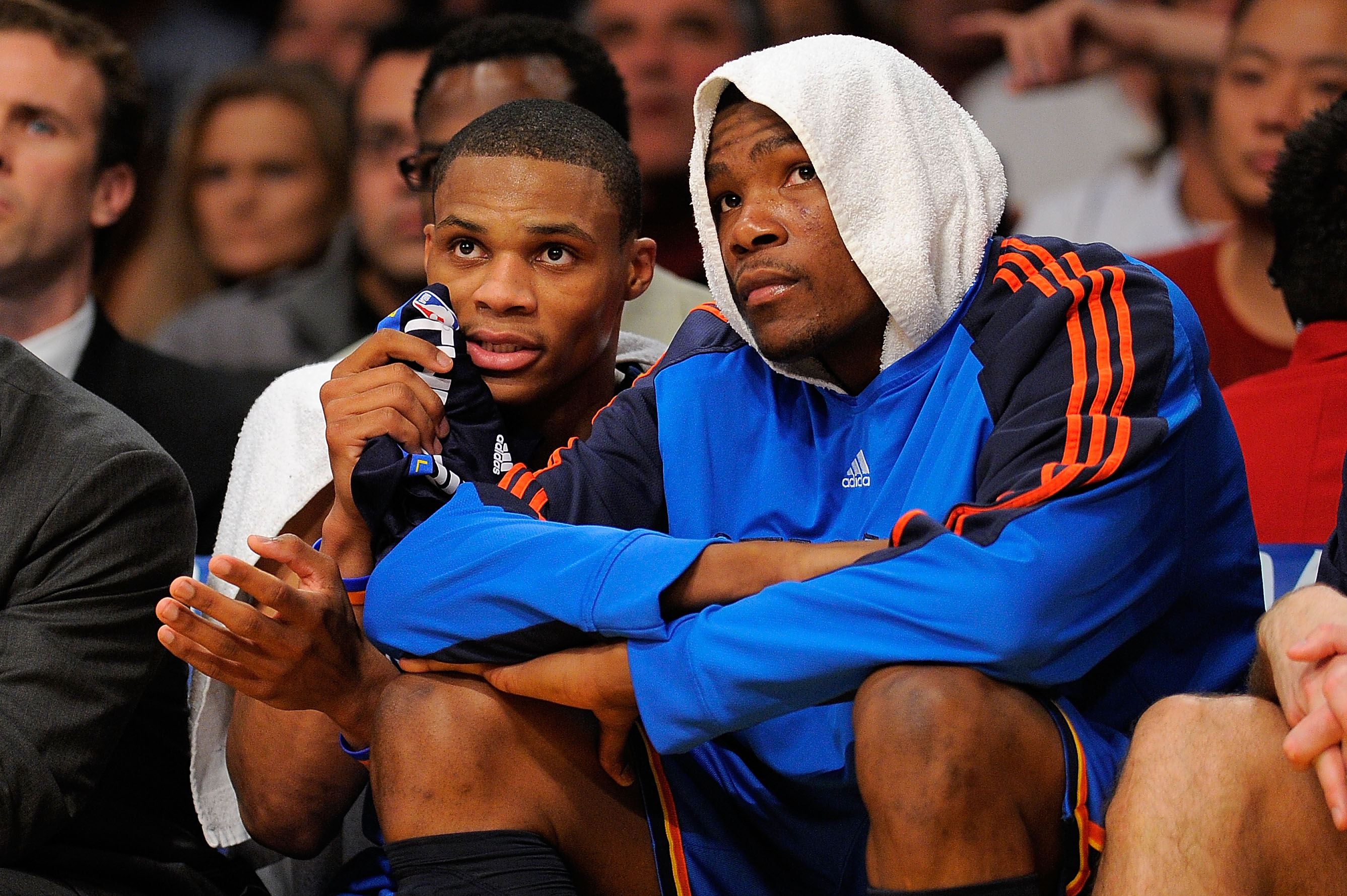 LOS ANGELES, CA - APRIL 27:  (L-R) Russell Westbrook #0 and Kevin Durant #35 of the Oklahoma City Thunder sit on the bench late in the fourth quarter while taking on the Los Angeles Lakers during Game Five of the Western Conference Quarterfinals of the 20