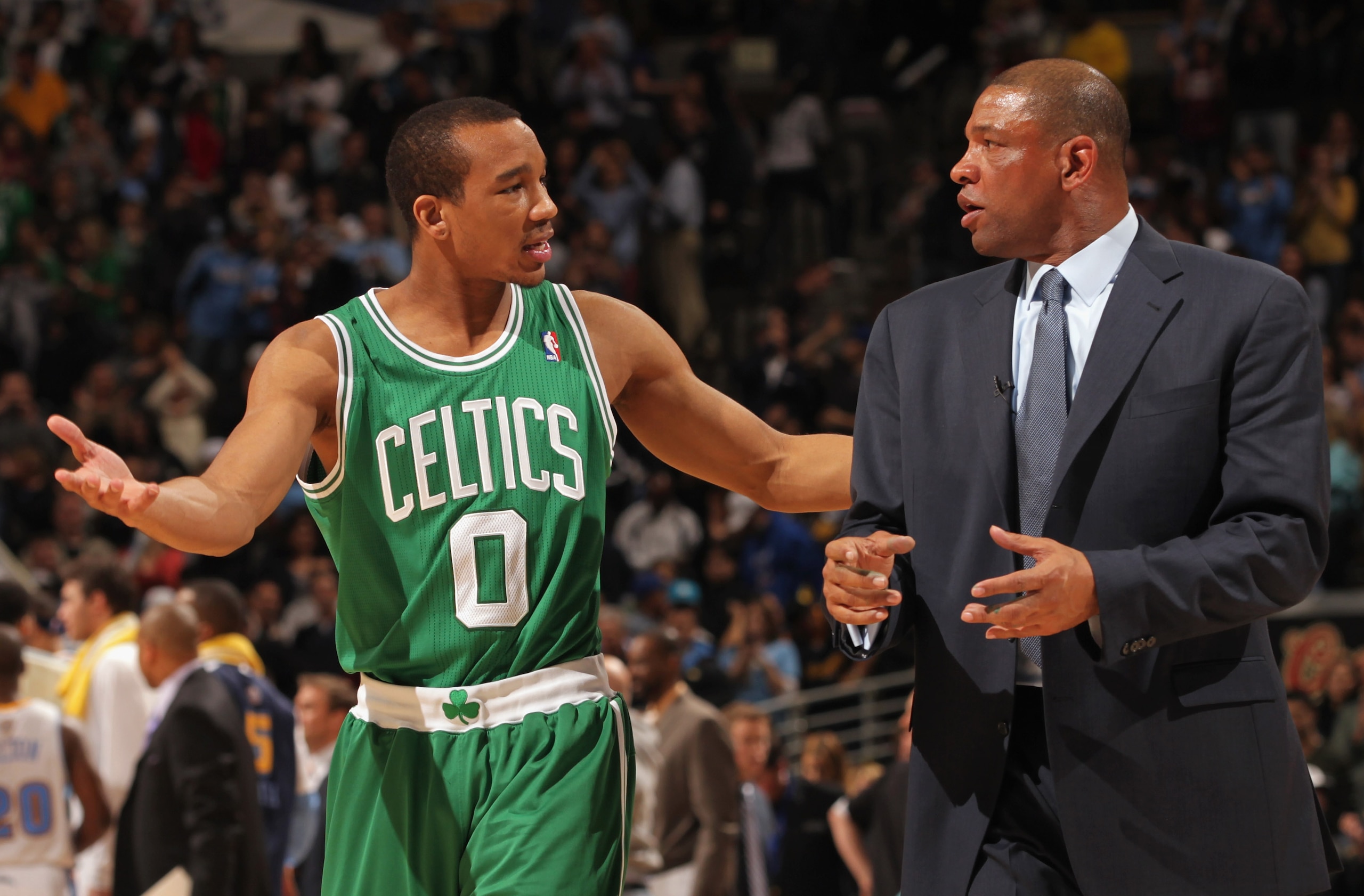 DENVER, CO - FEBRUARY 24: Avery Bradley #0 and head coach Doc Rivers of the Boston Celtics talk as they leave the court after facing the Denver Nuggets during NBA action at the Pepsi Center on February 24, 2011 in Denver, Colorado. The Nuggets defeated t DENVER, CO - FEBRUARY 24: Avery Bradley #0 and head coach Doc Rivers of the Boston Celtics talk as they leave the court after facing the Denver Nuggets during NBA action at the Pepsi Center on February 24, 2011 in Denver, Colorado. The Nuggets defeated t