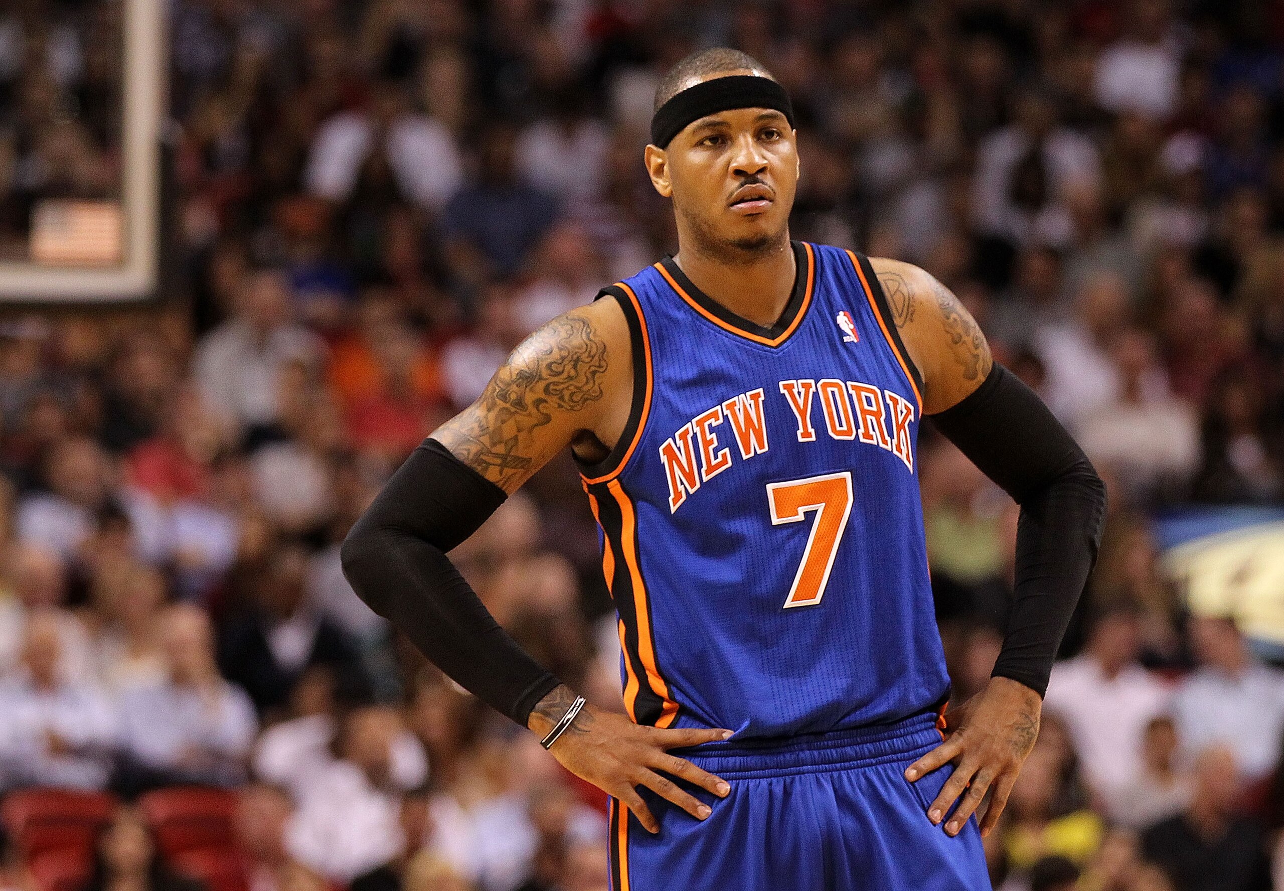 MIAMI, FL - FEBRUARY 27:  Carmelo Anthony #7 of the New York Knicks looks on during a foul shot during a game gainst the Miami Heat at American Airlines Arena on February 27, 2011 in Miami, Florida. NOTE TO USER: User expressly acknowledges and agrees tha