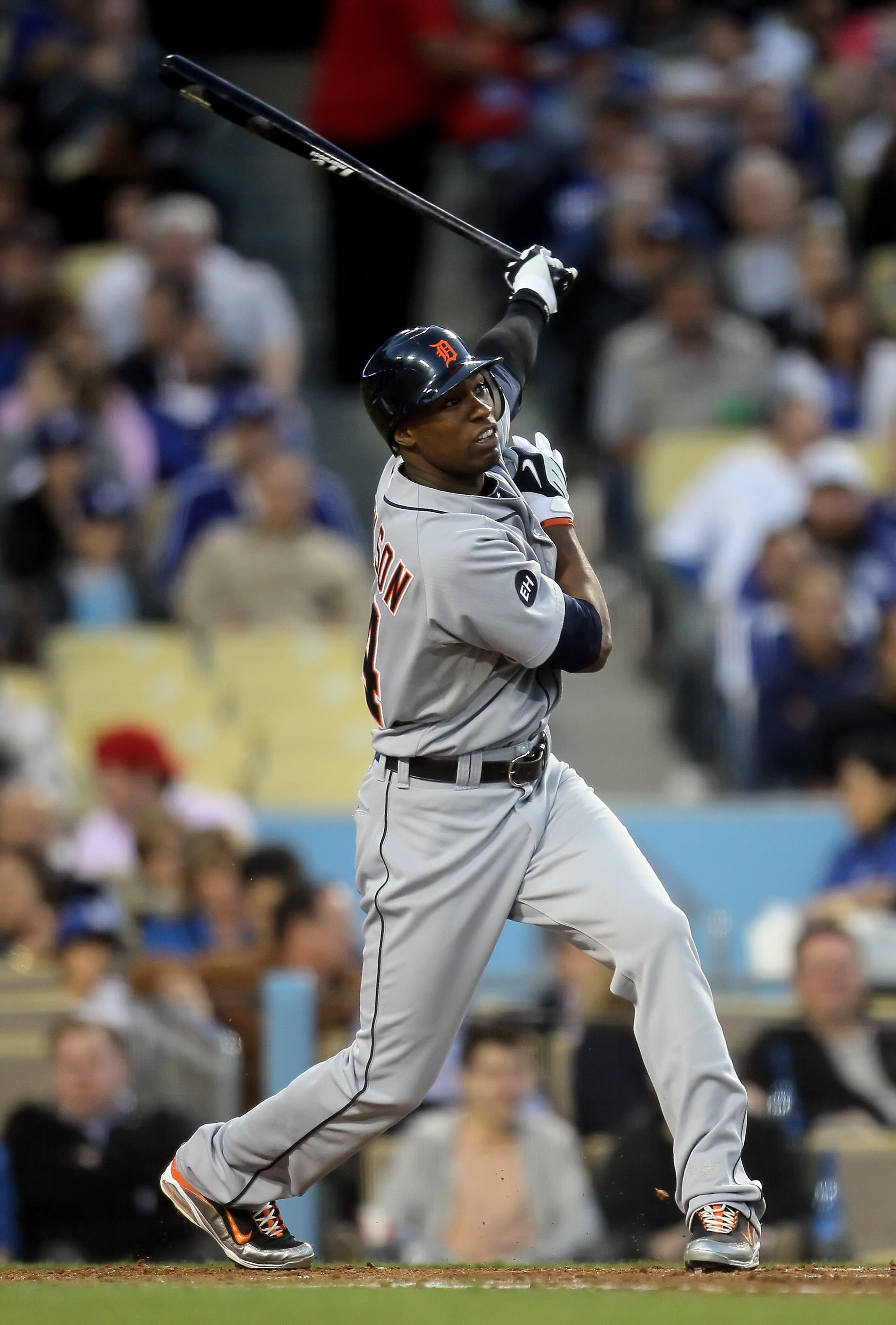 LOS ANGELES, CA - MAY 21:  Austin Jackson #14 of the Detroit Tigers plays against the Los Angeles Dodgers in the interleague game at Dodger Stadium on May 21, 2010 in Los Angeles, California.  (Photo by Jeff Gross/Getty Images)