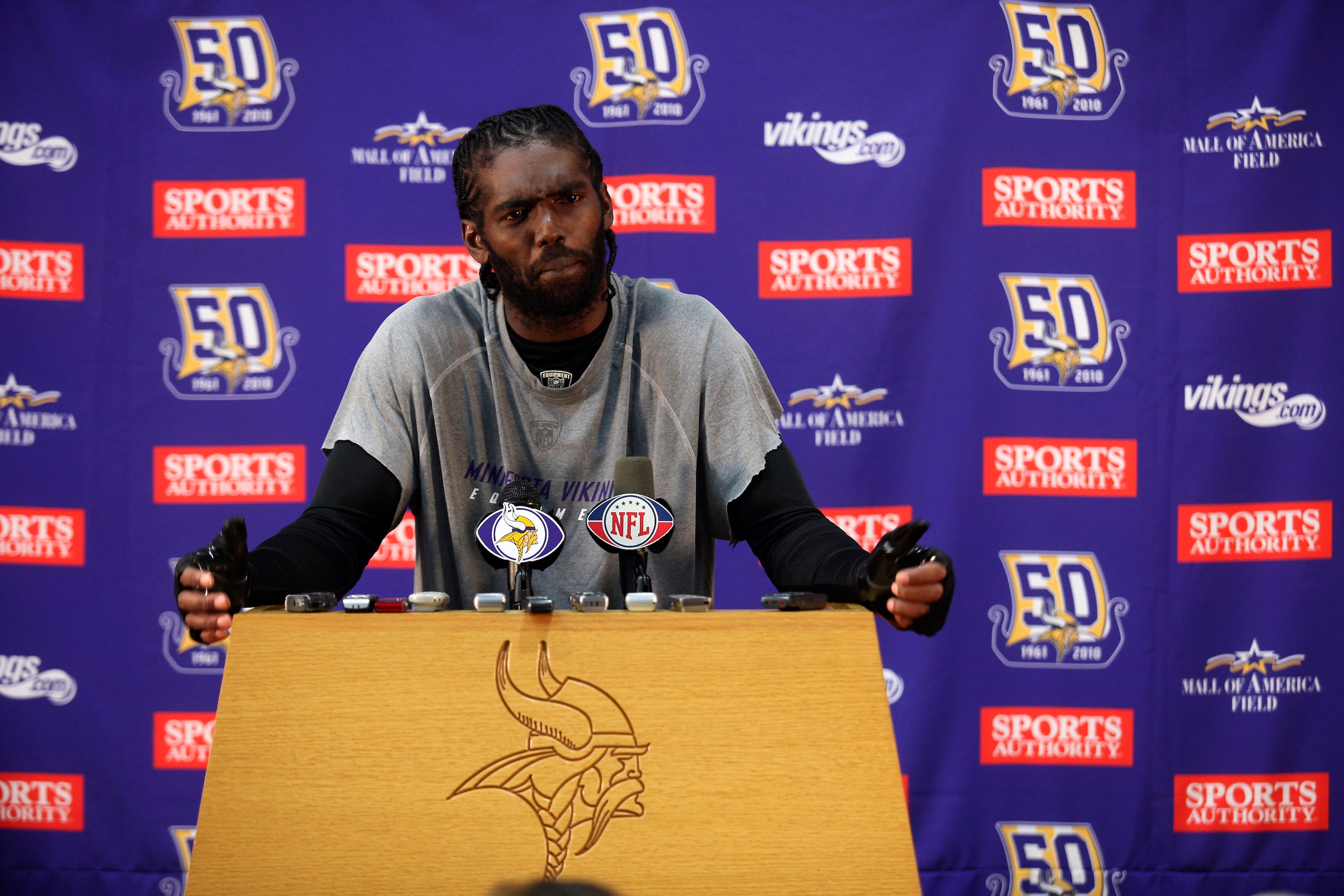 EDEN PRAIRIE, MN - OCTOBER 7:  Minnesota Vikings wide receiver Randy Moss answers questions from the media during a press conference at Winter Park on October 7, 2010 in Eden Prairie, Minnesota.  (Photo by Adam Bettcher/Getty Images)