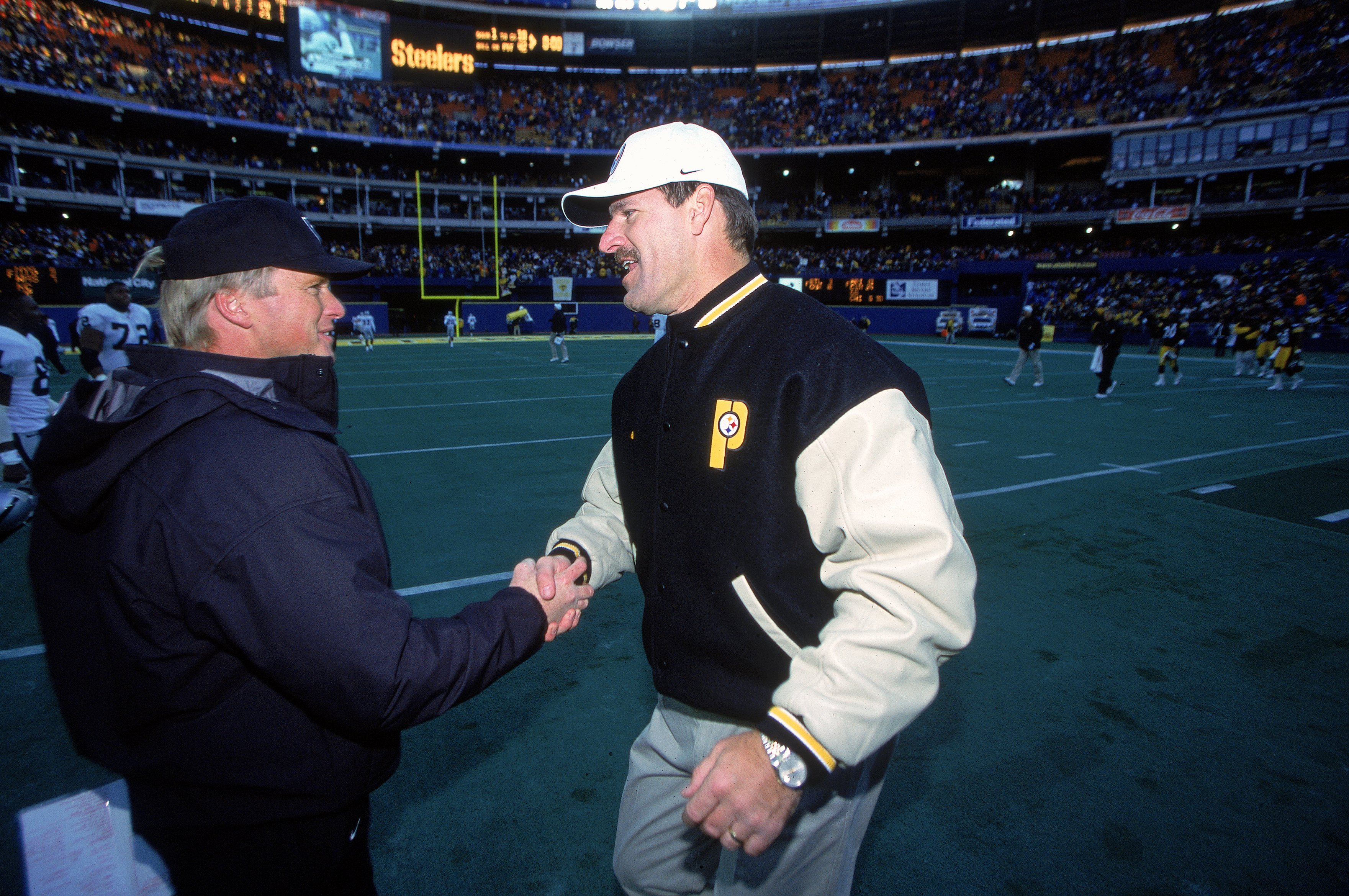 3 Dec 2000: Head Coach Bill Cowher of the Pittsburgh Steelers shakes hands with Head Coach Jon Gruden of the Oakland Raiders at the Three Rivers Stadium in Pittsburgh, Pennsylvania. The Steelers defeated the Raiders 21-20.Mandatory Credit: Tom Pidgeon / 3 Dec 2000: Head Coach Bill Cowher of the Pittsburgh Steelers shakes hands with Head Coach Jon Gruden of the Oakland Raiders at the Three Rivers Stadium in Pittsburgh, Pennsylvania. The Steelers defeated the Raiders 21-20.Mandatory Credit: Tom Pidgeon /