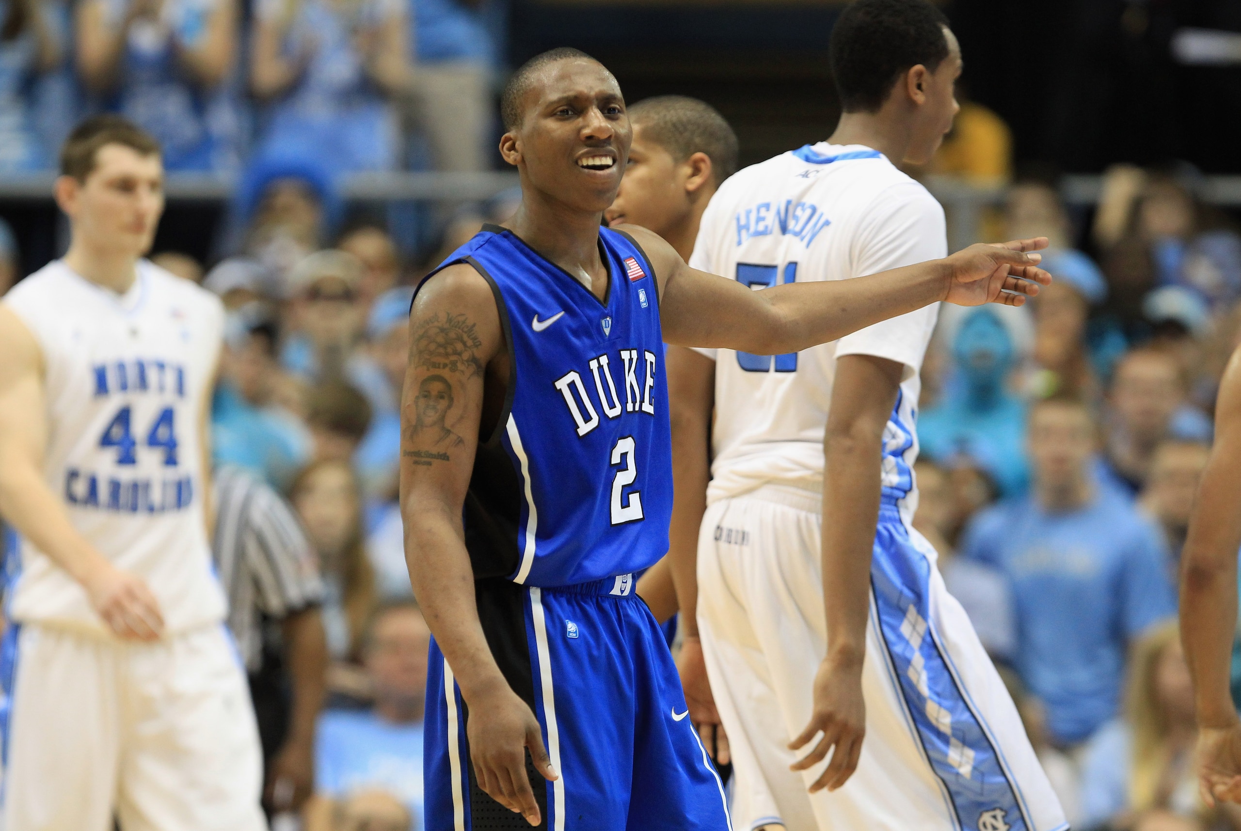 CHAPEL HILL, NC - MARCH 05:  Nolan Smith #2 of the Duke Blue Devils reacts to a call against the North Carolina Tar Heels during their game at the Dean E. Smith Center on March 5, 2011 in Chapel Hill, North Carolina.  (Photo by Streeter Lecka/Getty Images