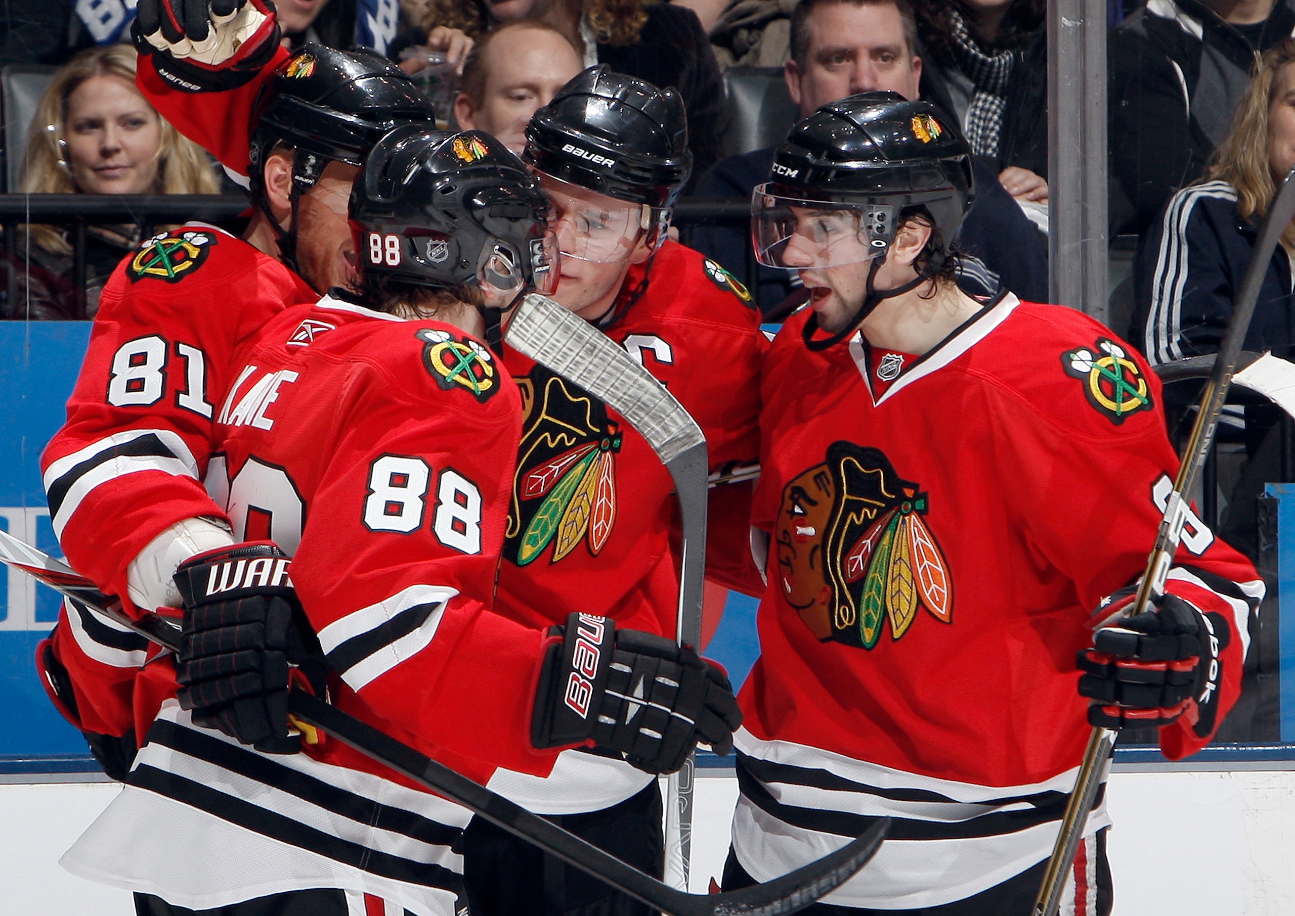 TORONTO, CANADA - MARCH 5: The Chicago Blackhawks celebrate the goal of teammate Jonathan Toews #19 against the Toronto Maple Leafs during game action at the Air Canada Centre March 5, 2011 in Toronto, Ontario, Canada. (Photo by Abelimages/Getty Images) TORONTO, CANADA - MARCH 5: The Chicago Blackhawks celebrate the goal of teammate Jonathan Toews #19 against the Toronto Maple Leafs during game action at the Air Canada Centre March 5, 2011 in Toronto, Ontario, Canada. (Photo by Abelimages/Getty Images)