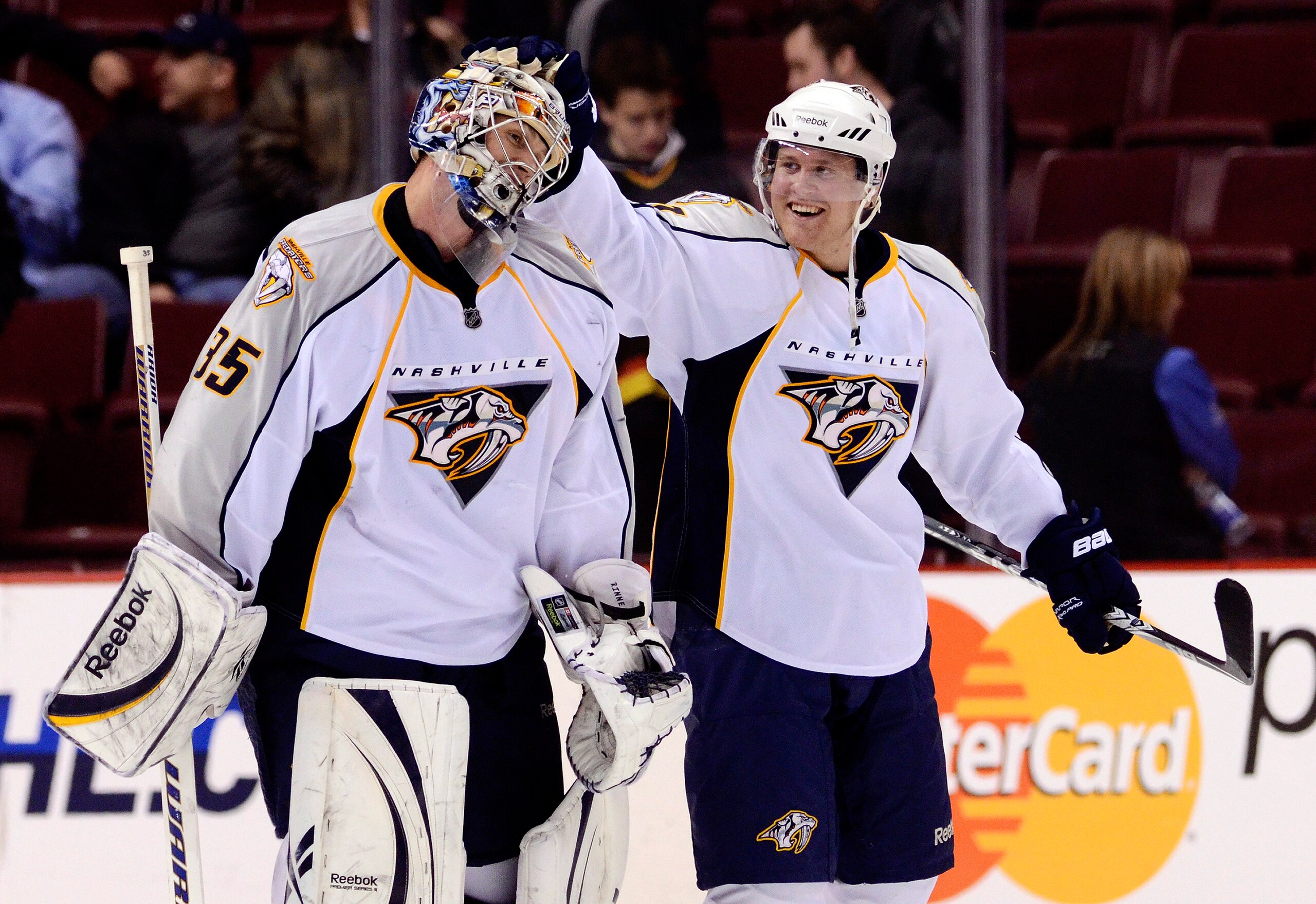 VANCOUVER, CANADA - MARCH 3: Goalie Pekka Rinne #35 of the Nashville Predators is congratulated by Patric Hornqvist #27 after defeating the Vancouver Canucks 3-0 in NHL action on March 03, 2011 at Rogers Arena in Vancouver, British Columbia, Canada. (Pho VANCOUVER, CANADA - MARCH 3: Goalie Pekka Rinne #35 of the Nashville Predators is congratulated by Patric Hornqvist #27 after defeating the Vancouver Canucks 3-0 in NHL action on March 03, 2011 at Rogers Arena in Vancouver, British Columbia, Canada. (Pho