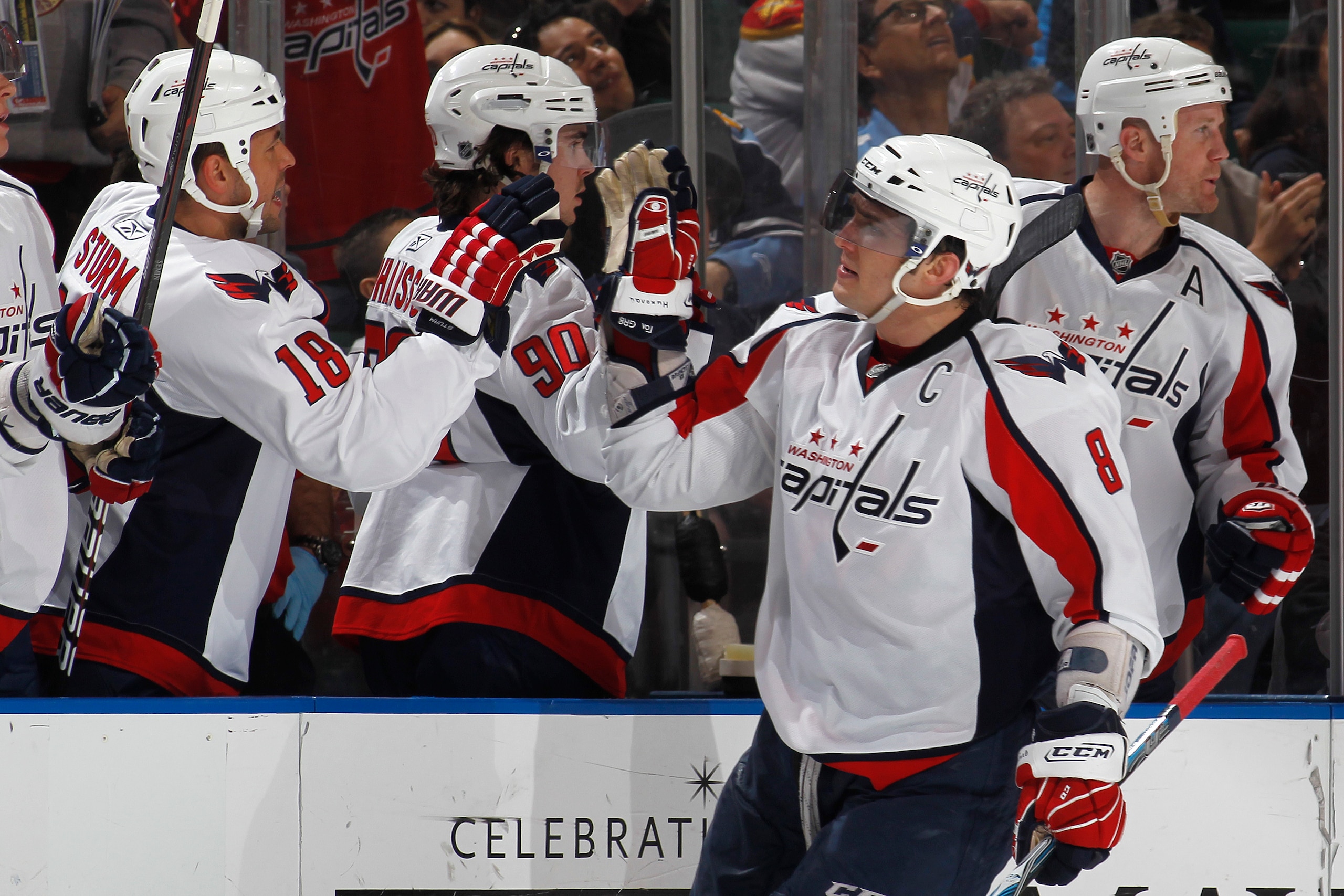 SUNRISE, FL - MARCH 6: Alex Ovechkin #8 of the Washington Capitals is congratulated after scoring a first period goal against the Florida Panthers on March 6, 2011 at the BankAtlantic Center in Sunrise, Florida. (Photo by Joel Auerbach/Getty Images) SUNRISE, FL - MARCH 6: Alex Ovechkin #8 of the Washington Capitals is congratulated after scoring a first period goal against the Florida Panthers on March 6, 2011 at the BankAtlantic Center in Sunrise, Florida. (Photo by Joel Auerbach/Getty Images)