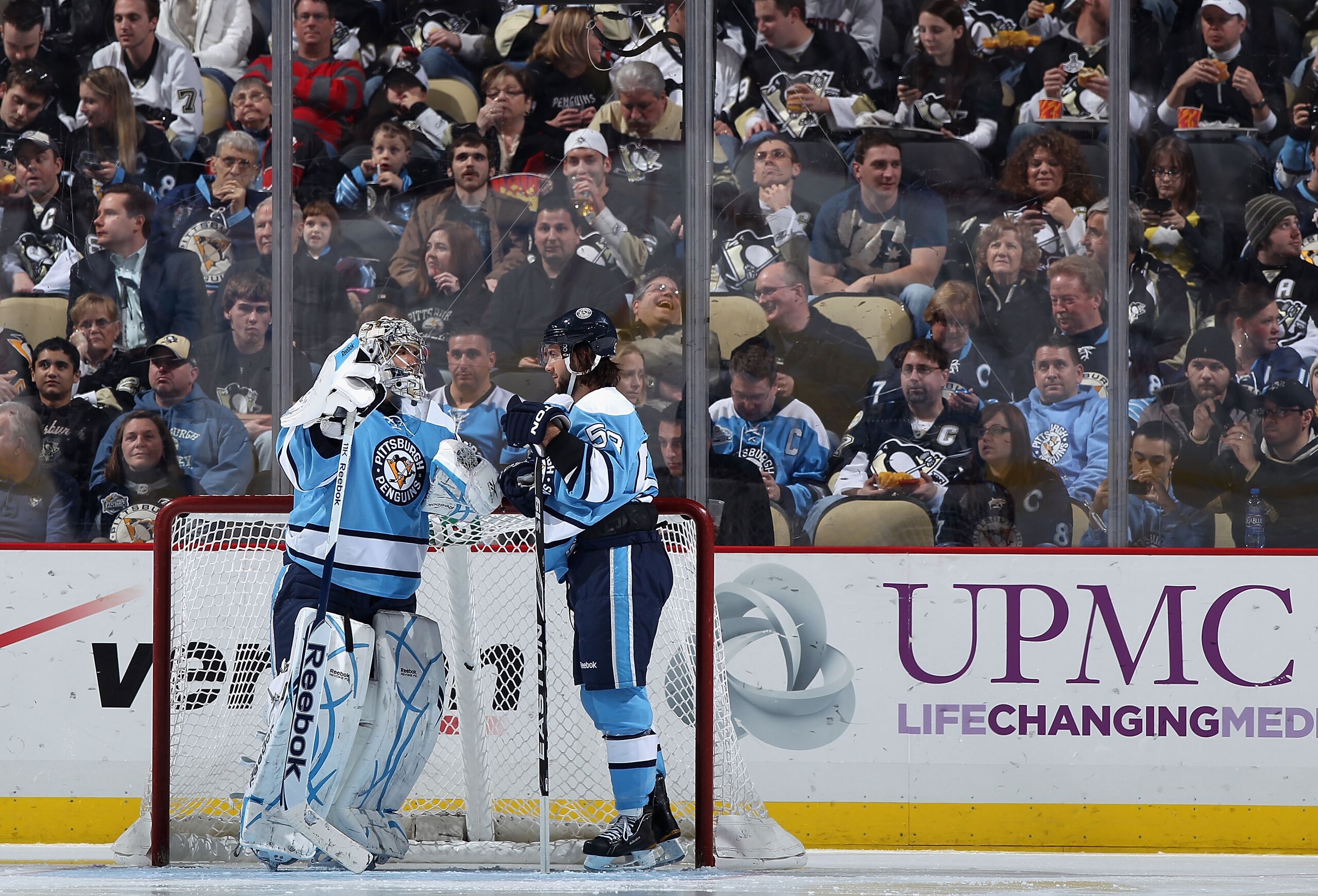PITTSBURGH, PA - FEBRUARY 23: Goaltender Marc-Andre Fleury #29 of the Pittsburgh Penguins and Kris Letang #58 during the NHL game against the San Jose Sharks at Consol Energy Center on February 23, 2011 in Pittsburgh, Pennsylvania. The Sharks defeated th PITTSBURGH, PA - FEBRUARY 23: Goaltender Marc-Andre Fleury #29 of the Pittsburgh Penguins and Kris Letang #58 during the NHL game against the San Jose Sharks at Consol Energy Center on February 23, 2011 in Pittsburgh, Pennsylvania. The Sharks defeated th