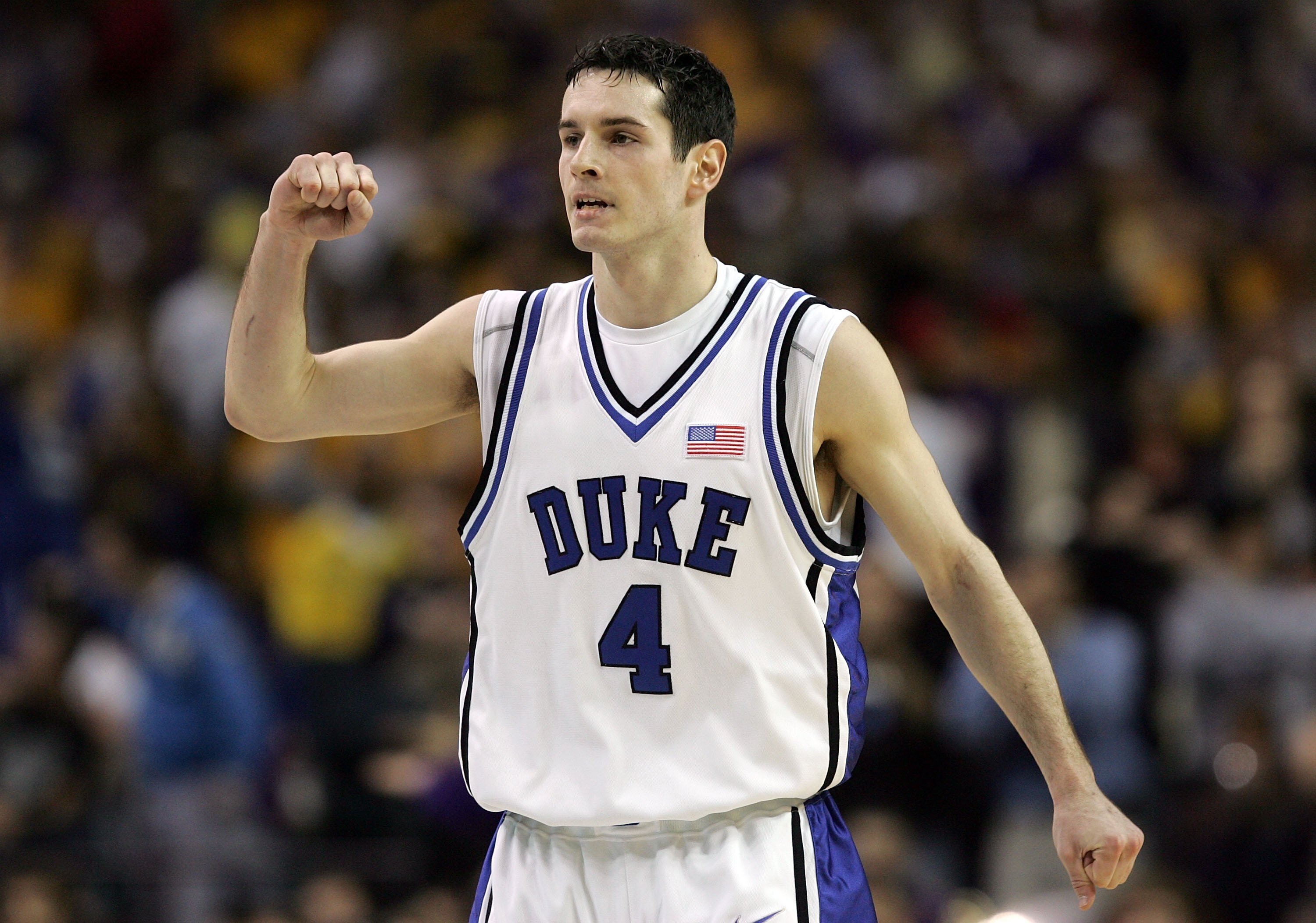 ATLANTA - MARCH 23:  J.J. Redick #4 of the Duke Blue Devils pumps his fist during third round game of the 2006 NCAA Division I Men's Basketball Tournament Regional against the LSU Tigers at the Georgia Dome on March 23, 2006 in Atlanta, Georgia. (Photo by