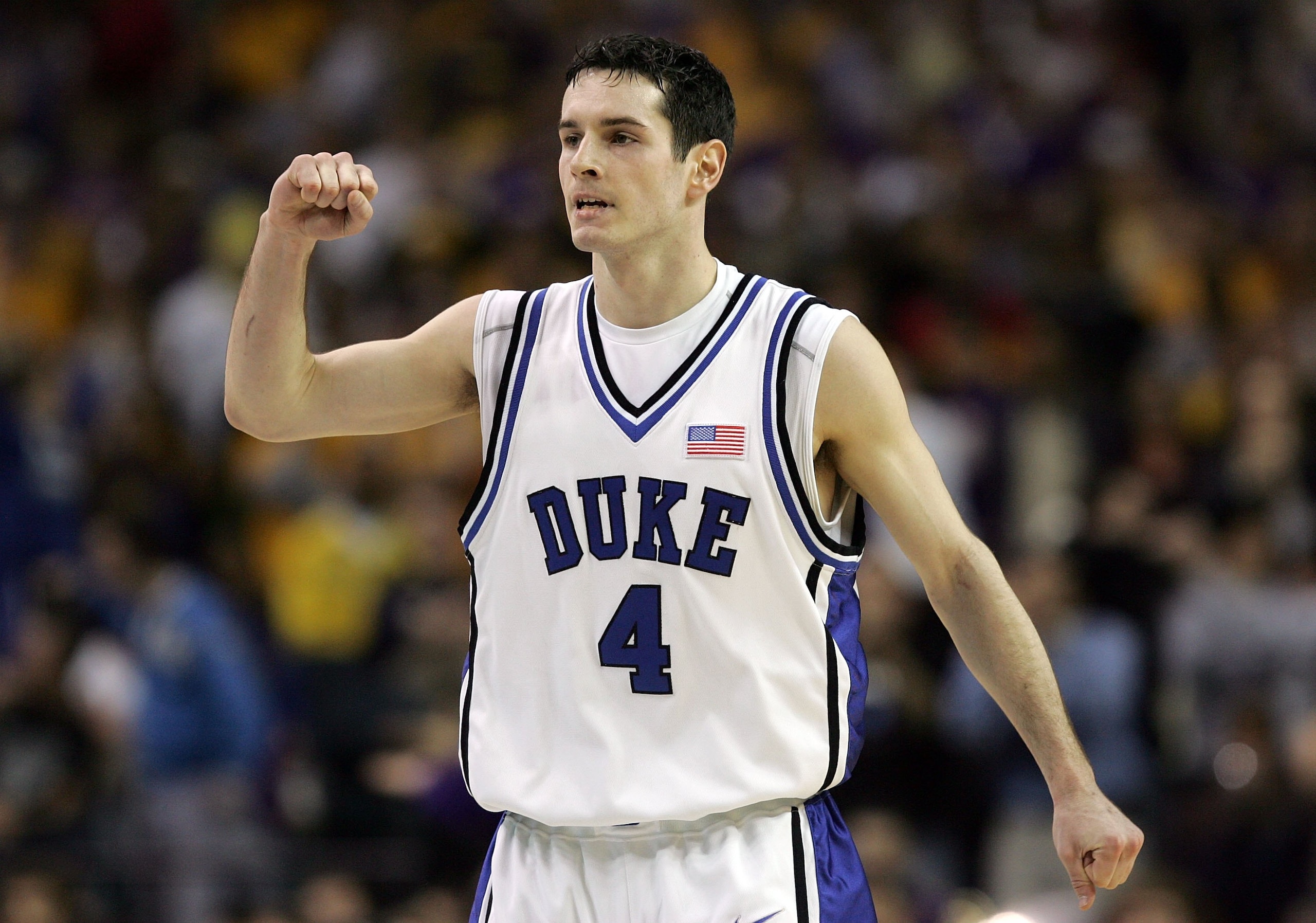 ATLANTA - MARCH 23: J.J. Redick #4 of the Duke Blue Devils pumps his fist during third round game of the 2006 NCAA Division I Men's Basketball Tournament Regional against the LSU Tigers at the Georgia Dome on March 23, 2006 in Atlanta, Georgia. (Photo by ATLANTA - MARCH 23: J.J. Redick #4 of the Duke Blue Devils pumps his fist during third round game of the 2006 NCAA Division I Men's Basketball Tournament Regional against the LSU Tigers at the Georgia Dome on March 23, 2006 in Atlanta, Georgia. (Photo by