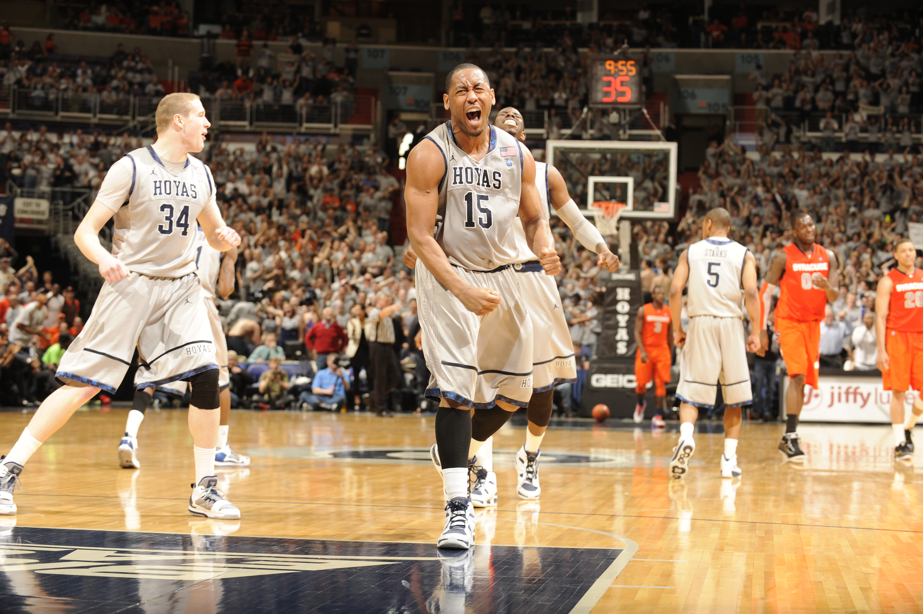 WASHINGTON, DC - FEBRUARY 26: Austin Freeman #15 of the Georgetown Hoyas reacts to a basket during a college basketball game against the Syracuse Orange on February 26, 2011 at the Verizon Center in Washington, DC The Orange 58-54. (Photo by Mitchell L