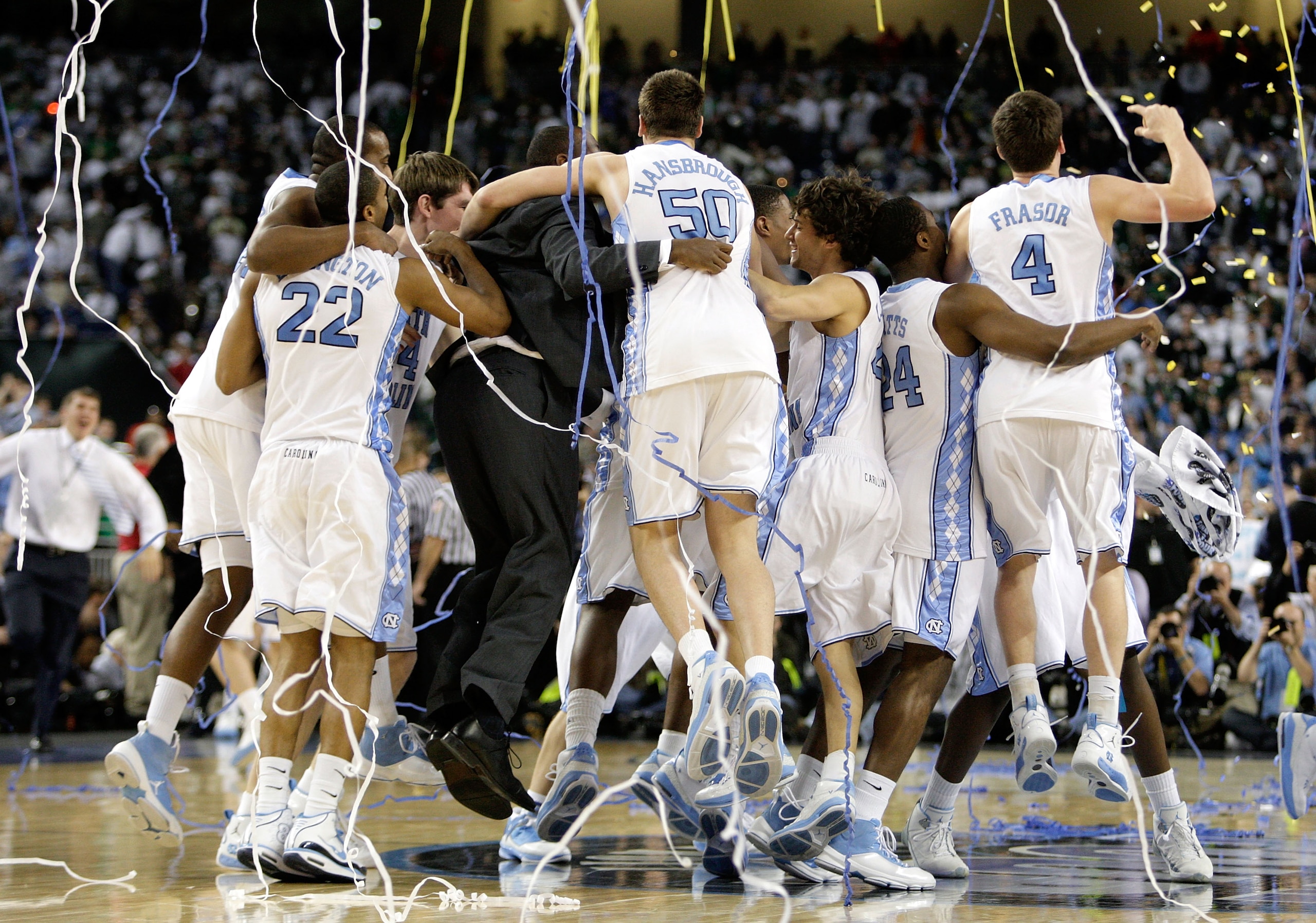 DETROIT - APRIL 06: Tyler Hansbrough #50 of the North Carolina Tar Heels celebrates with his teammates after they won 89-72 against the Michigan State Spartans during the 2009 NCAA Division I Men's Basketball National Championship game at Ford Field on A DETROIT - APRIL 06: Tyler Hansbrough #50 of the North Carolina Tar Heels celebrates with his teammates after they won 89-72 against the Michigan State Spartans during the 2009 NCAA Division I Men's Basketball National Championship game at Ford Field on A