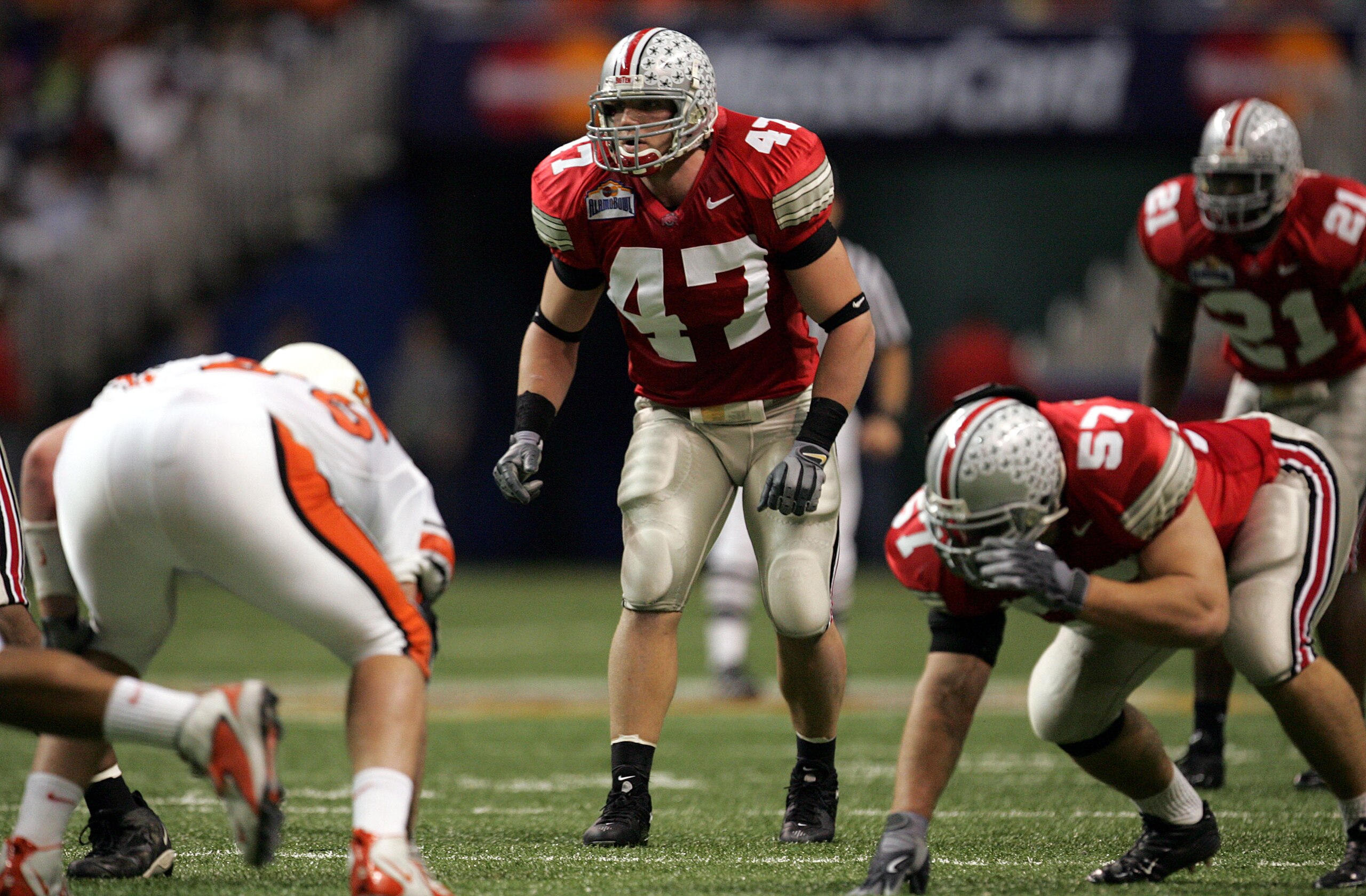 SAN ANTONIO, TX - DECEMBER 29:  Linebacker A.J. Hawk #47 of the Ohio State Buckeyes looks on against the Oklahoma State Cowboys during the MasterCard Alamo Bowl on December 29, 2004 at the Alamodome in San Antonio, Texas.  The Buckeyes defeated the Cowboy