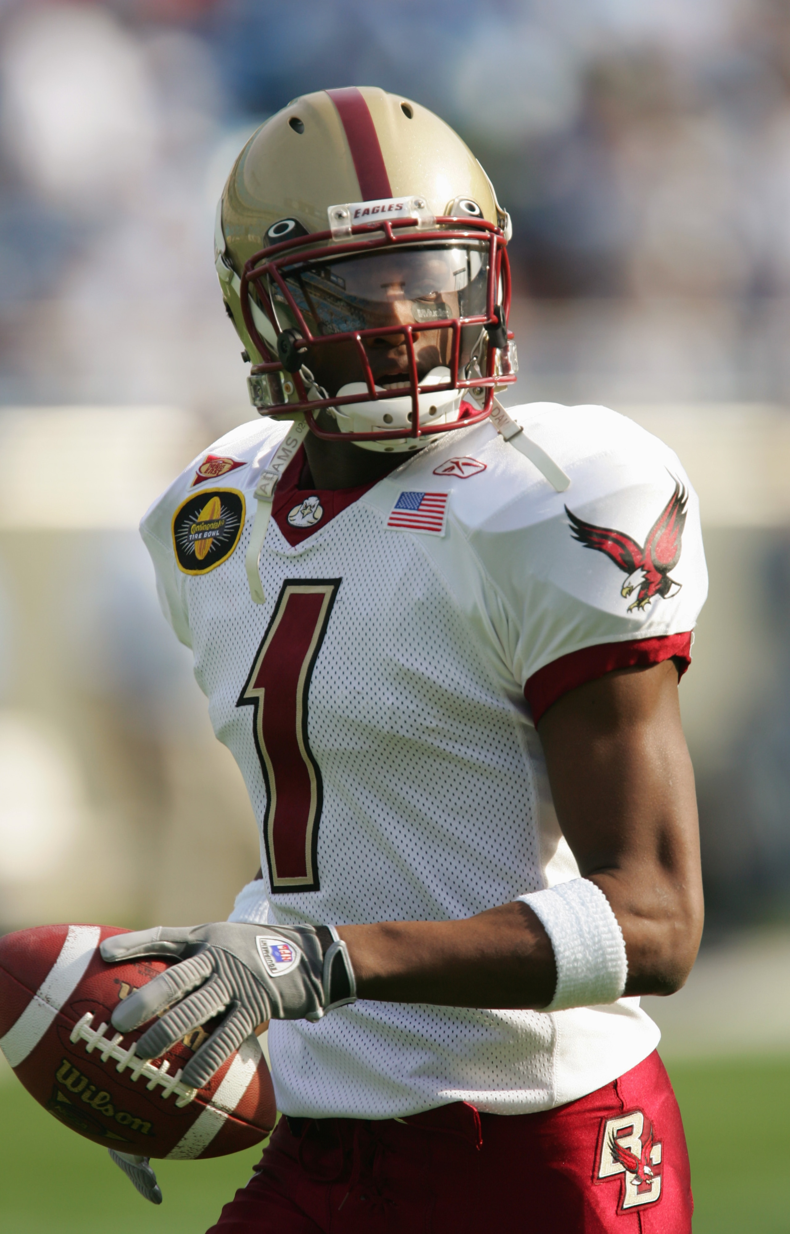 CHARLOTTE, NC - DECEMBER 30:  Cornerback Will Blackmon #1 of the Boston College Golden Eagles warms-up for the Continental Tire Bowl against the University of North Carolina at Chapel Hill Tar Heels on December 30, 2004 at Bank of America Stadium in Charl