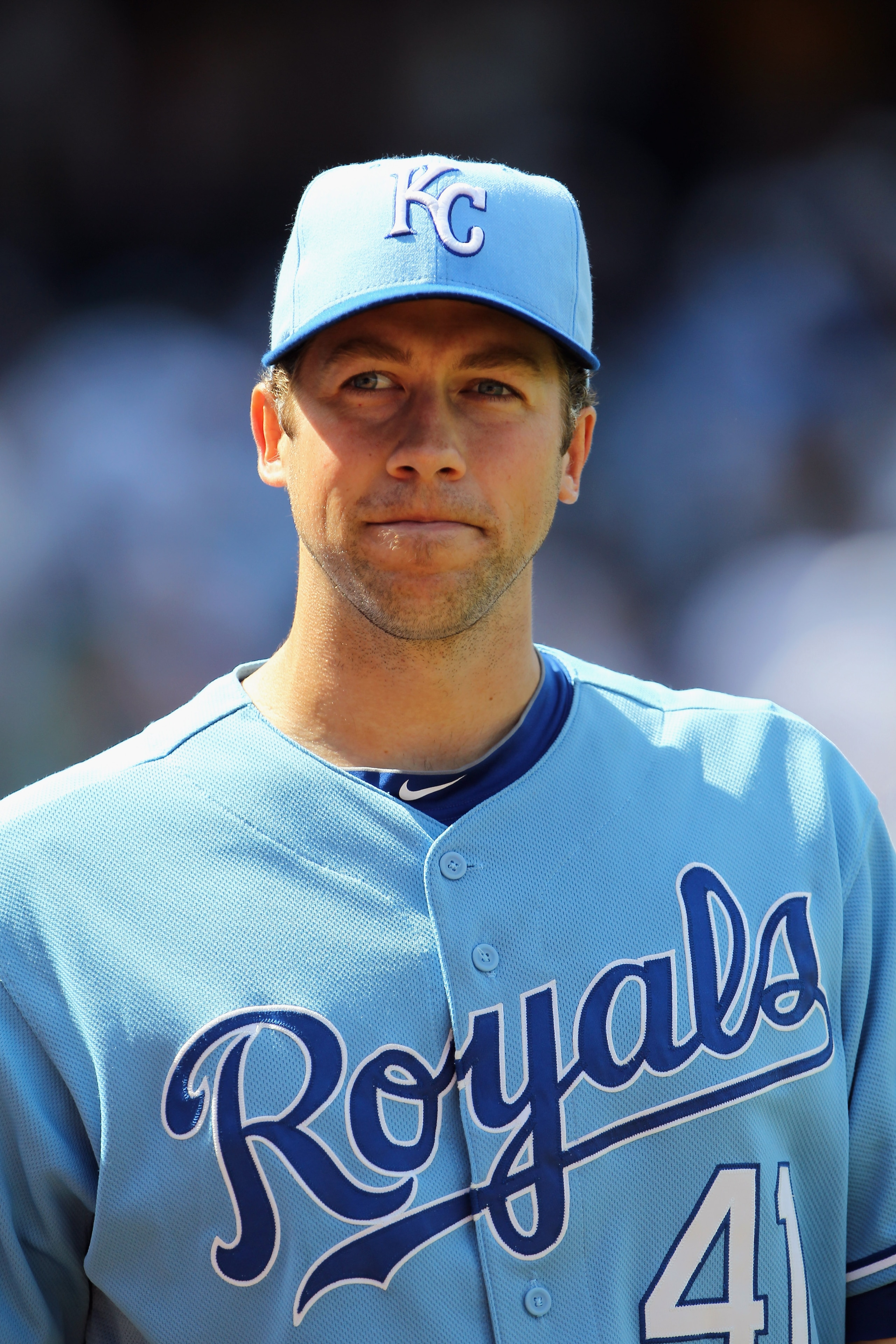 KANSAS CITY, MO - AUGUST 15:  Bryan Bullington #41 of the Kansas City Royals walks off the field after achieving his first Major League win with a victory over the New York Yankees 1-0 on August 15, 2010 at Kauffman stadium in Kansas City, Missouri.  (Pho