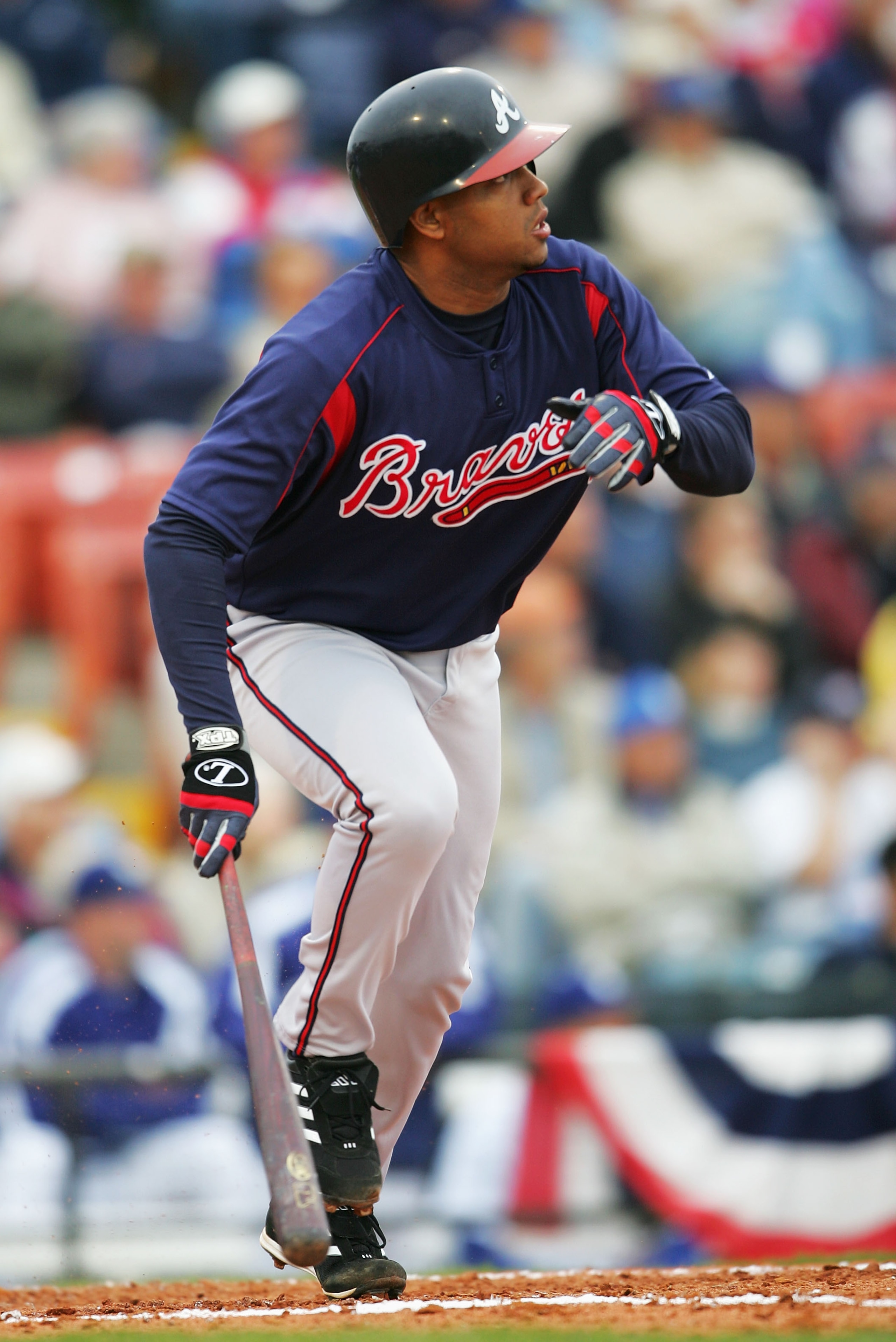 VERO BEACH, FL - MARCH 3:  Andy Marte #61 of the Atlanta Braves hits a RBI double in the third inning during a spring training game against the Los Angeles Dodgers on March 3, 2005 at Holman Stadium in Vero Beach, FL. The Braves defeated the Dodgers 9-8.