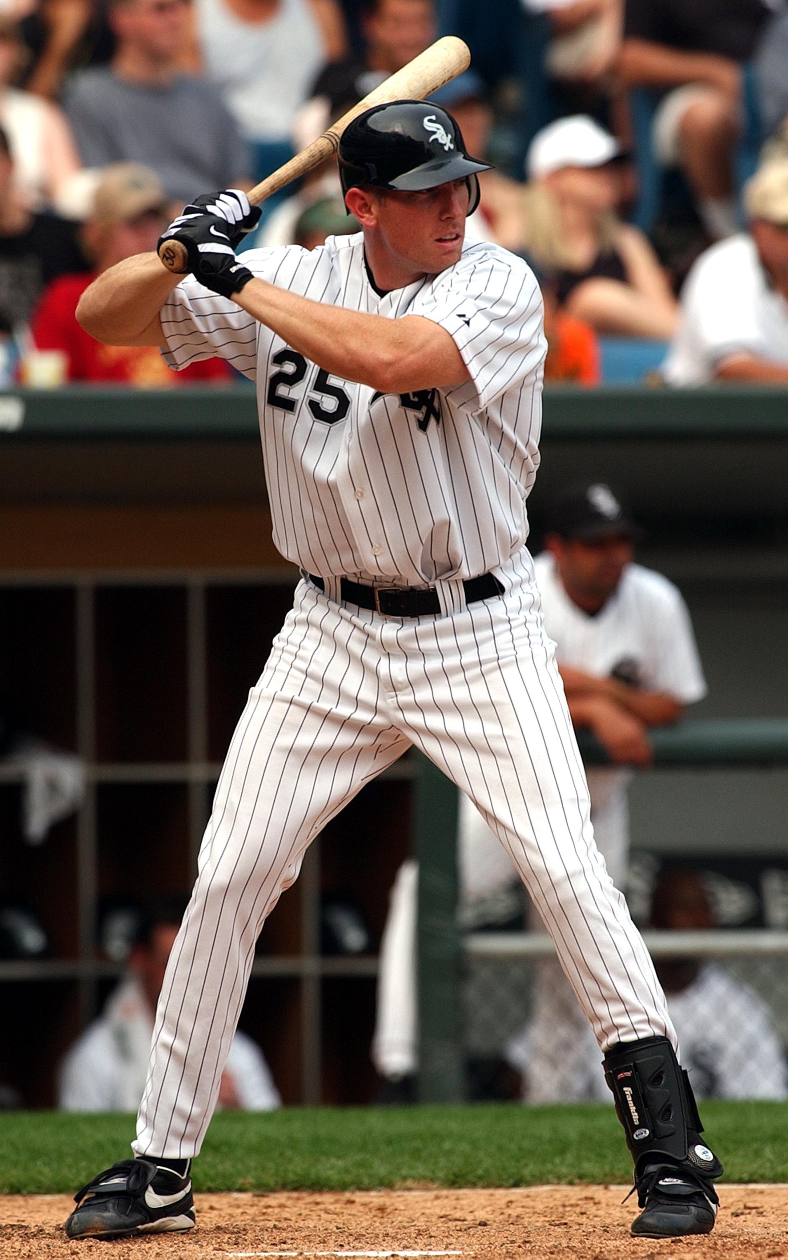 CHICAGO - SEPTEMBER 5:  Joe Borchard #25 of the Chicago White Sox bats against the Seattle Mariners during the game on September 5, 2004 at U.S. Cellular Field in Chicago, Illinois. The White Sox defeated the Mariners 6-2. (Photo by Jonathan Daniel/Getty