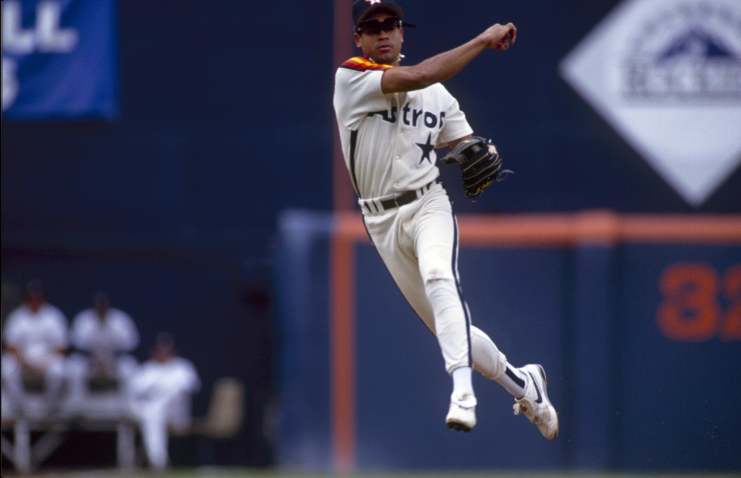 SAN DIEGO - MAY 23:  Andujar Cedeno #10 of the Houston Astros fields a throw during their MLB game against the San Diego Padres on May 23, 1993 at Jack Murphy Stadium in San Diego, California. (Photo by Stephen Dunn/Getty Images)