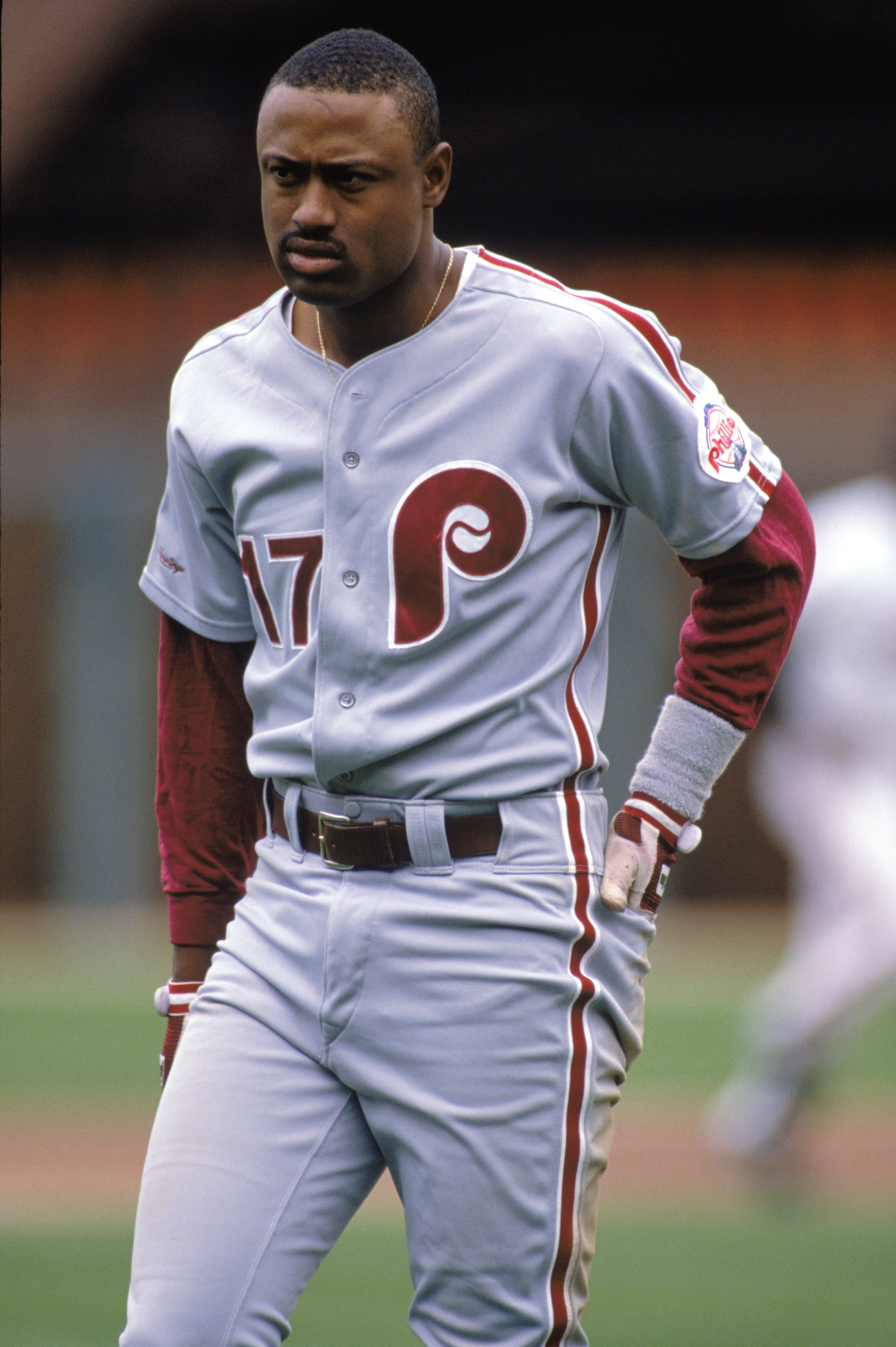 1989 - Ricky Jordan #17 of the Philadelphia Phillies walks off the field during a game in the 1989 season.  (Photo by: Otto Greule Jr/Getty Images )