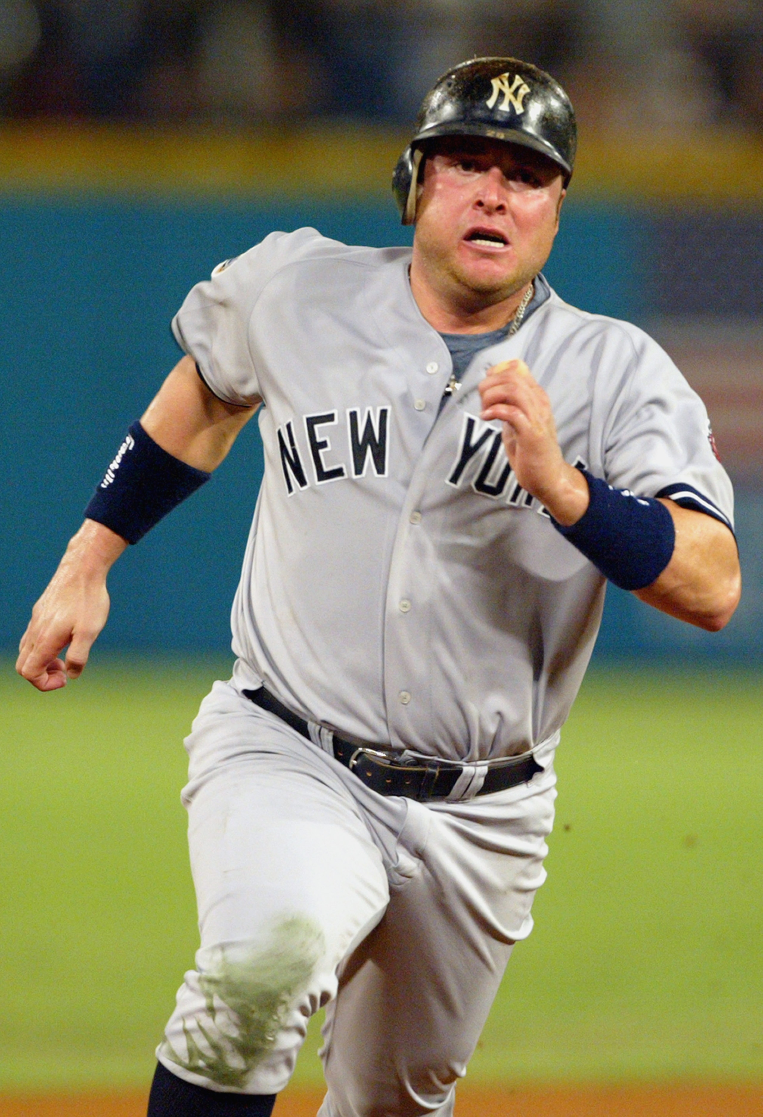 MIAMI - OCTOBER 23:  Right fielder Karim Garcia #28 of the New York Yankees runs the bases during game five of the Major League Baseball World Series against the Florida Marlins on October 23, 2003 at Pro Player Stadium in Miami, Florida. The Marlins won