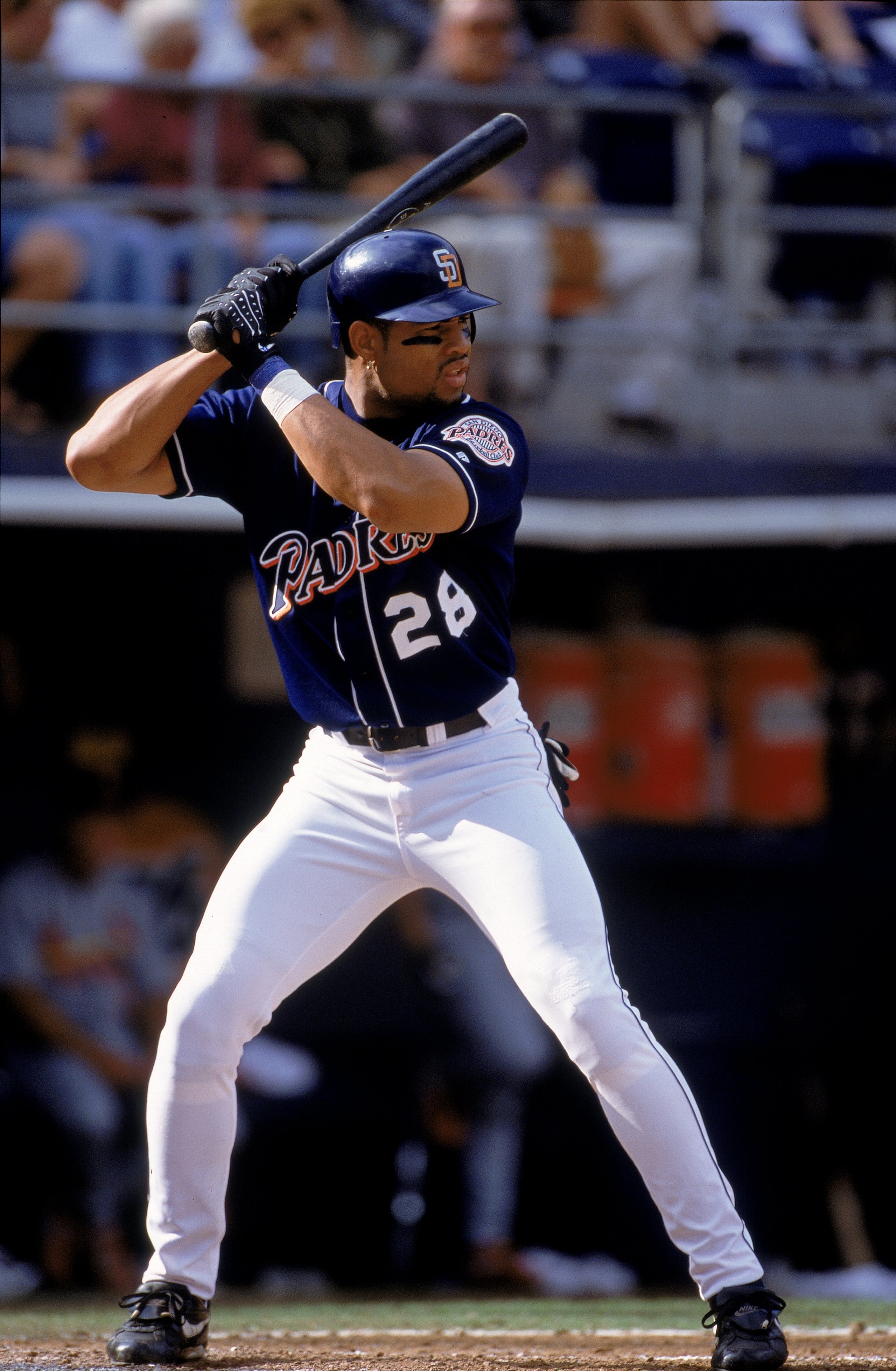 28 Sep 2000: Ruben Rivera #28 of the San Diego Padres stands ready at bat during the game against the St. Louis Cardinals at the Qualcomm Stadium in San Diego, California. The Cardinals defeated the Padres 7-6.Mandatory Credit: Harry How  /Allsport