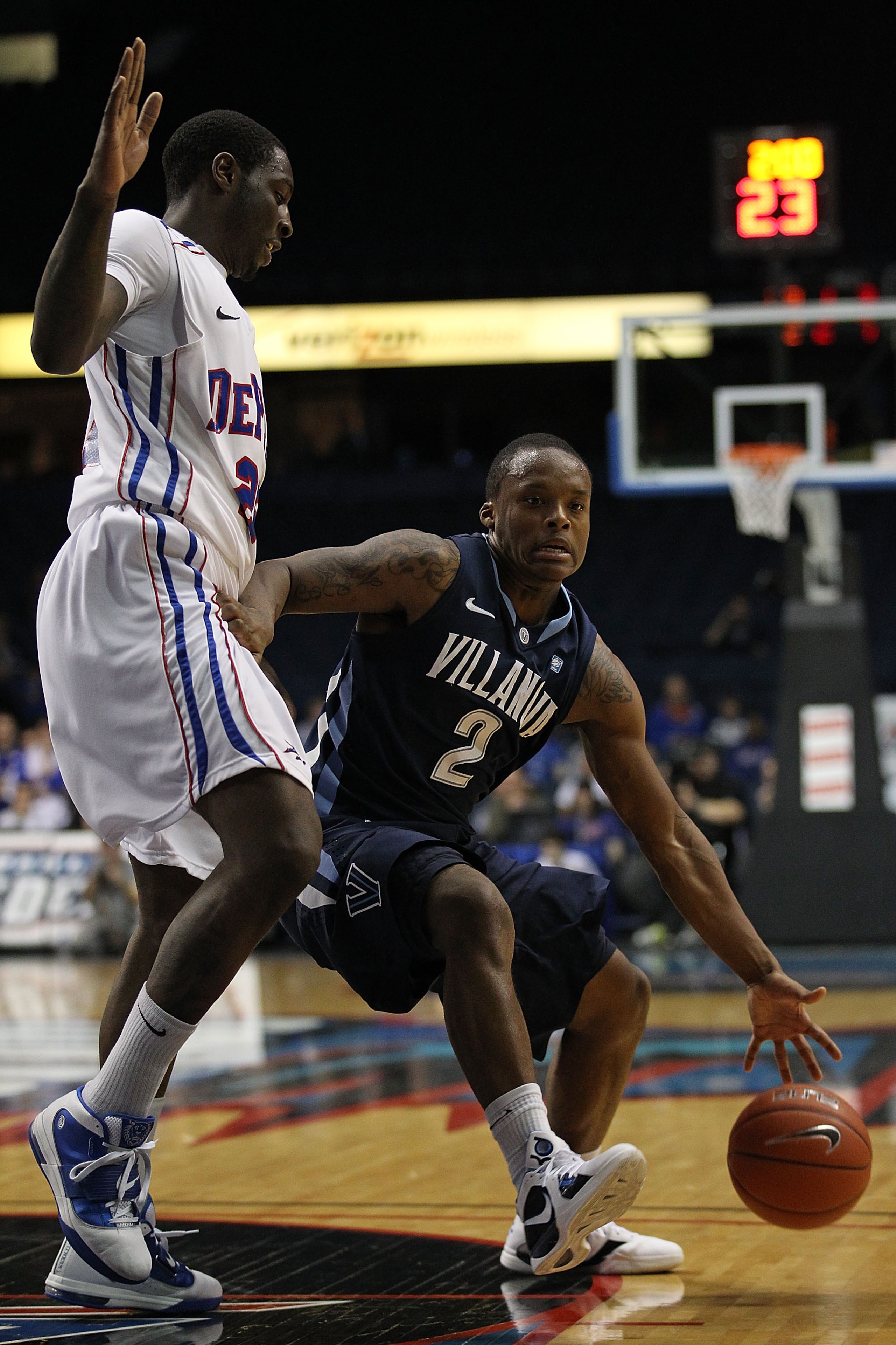 ROSEMONT, IL - FEBRUARY 19: Maalik Wayns #2 of the Villanova Wildcats moves against Tony Freeland #22 of the DePaul Blue Demons at the Allstate Arena on February 19, 2011 in Rosemont, Illinois. Villanova defeated DePaul 77-75 in overtime. (Photo by Jonath