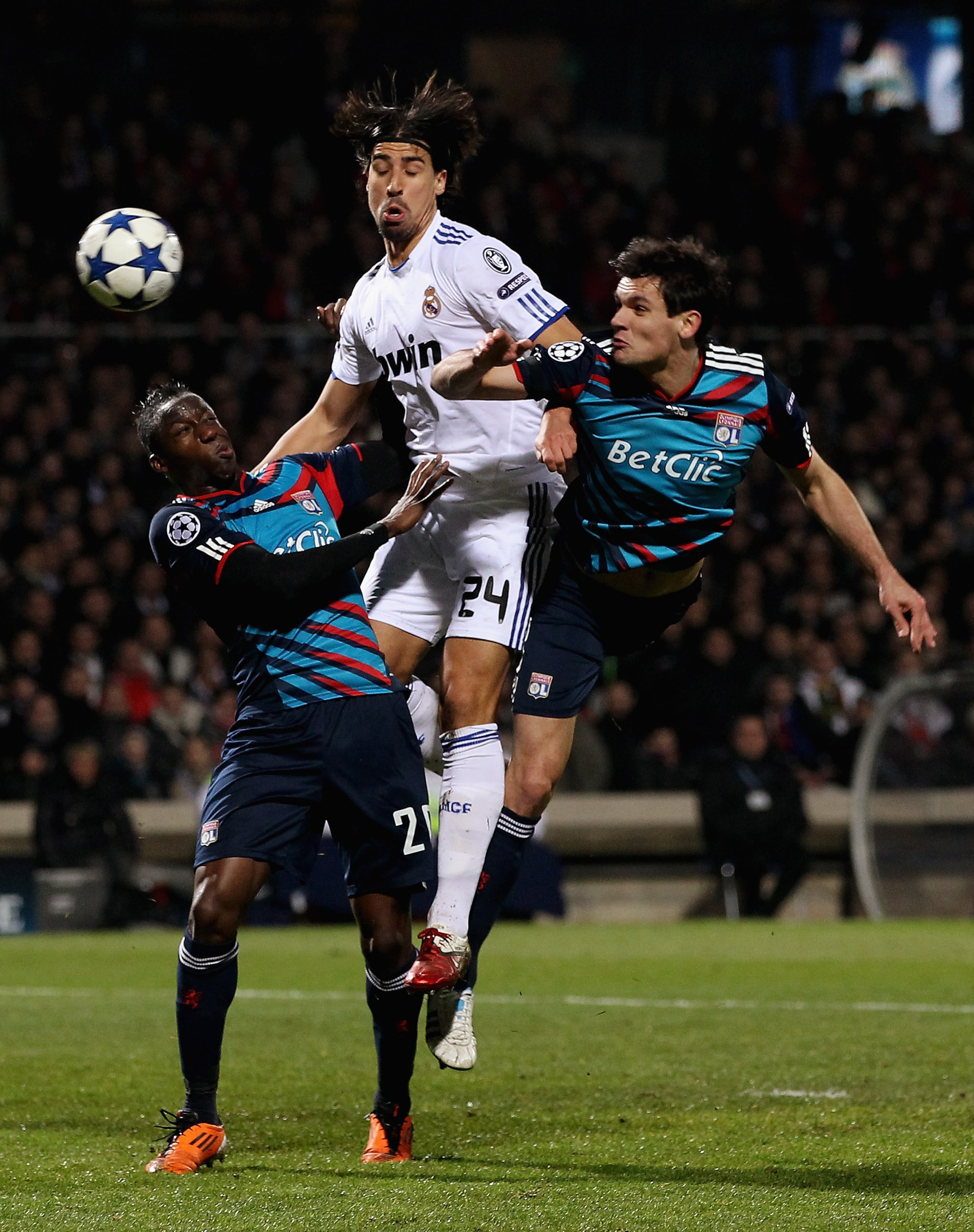 LYON, FRANCE - FEBRUARY 22:  Sami Khedira Real Madrid (C) in action with Aly Cissokho (L) and Dejan Lovren of Lyon during the Champions League match between Lyon and Real Madrid at Stade Gerland on February 22, 2011 in Lyon, France.  (Photo by Scott Heave