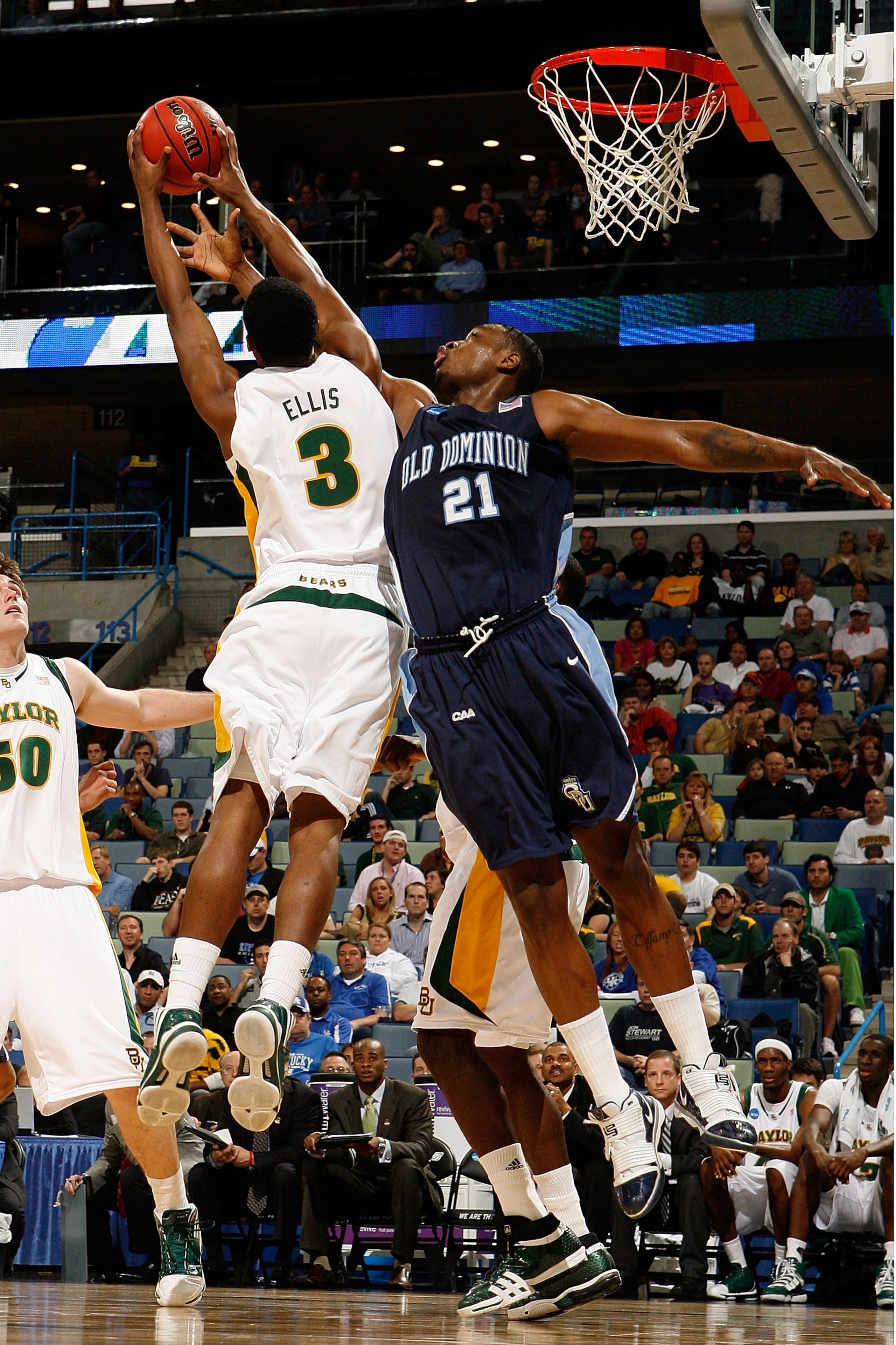 NEW ORLEANS - MARCH 20:  Frank Hassell #21 of the Old Dominion University Monarchs fights for a rebound with Fred Ellis #3 of the Baylor Bears during the second round of the 2010 NCAA men's basketball tournament at the New Orleans Arena on March 20, 2010 