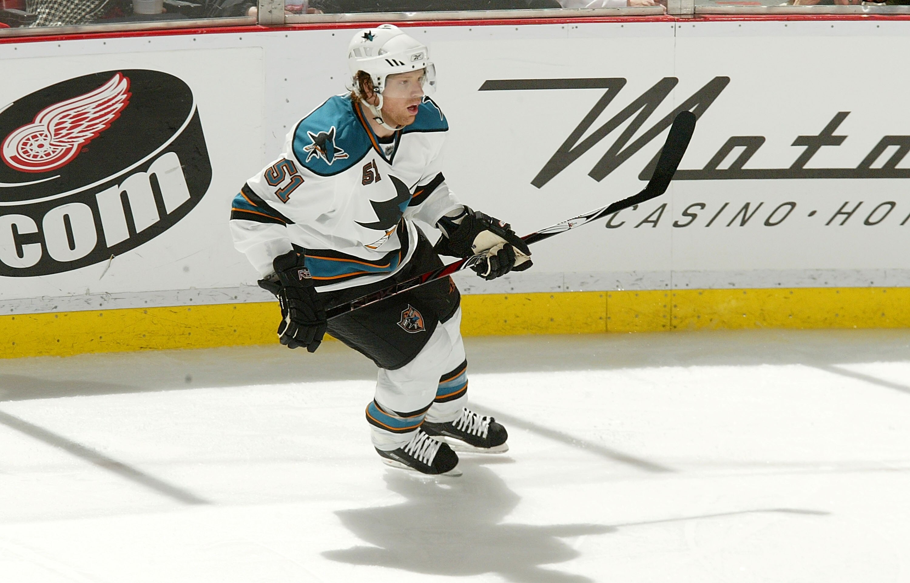 DETROIT - FEBRUARY 29:  Brian Campbell #51 of the San Jose Sharks skates against the Detroit Red Wings during their NHL game at Joe Louis Arena February 29, 2008 in Detroit, Michigan.(Photo By Dave Sandford/Getty Images)