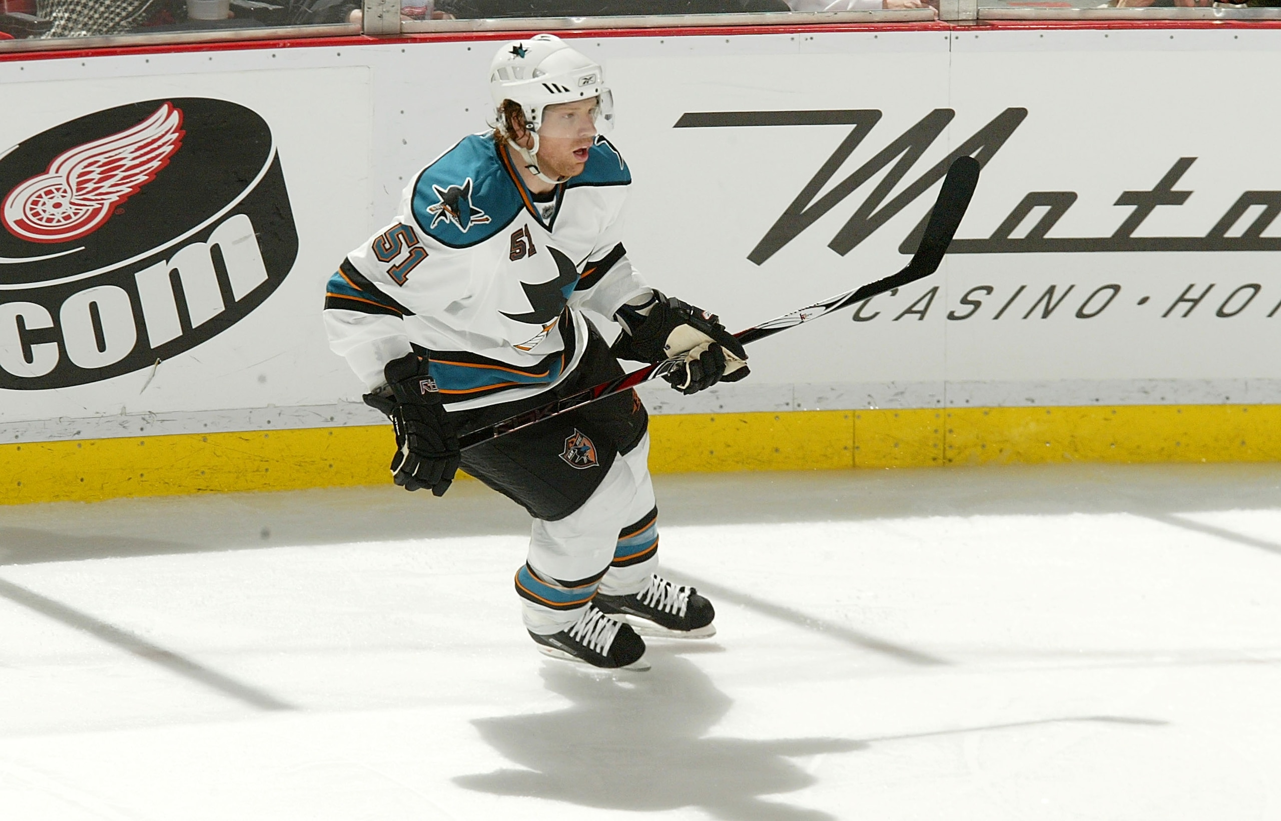 DETROIT - FEBRUARY 29:  Brian Campbell #51 of the San Jose Sharks skates against the Detroit Red Wings during their NHL game at Joe Louis Arena February 29, 2008 in Detroit, Michigan.(Photo By Dave Sandford/Getty Images)