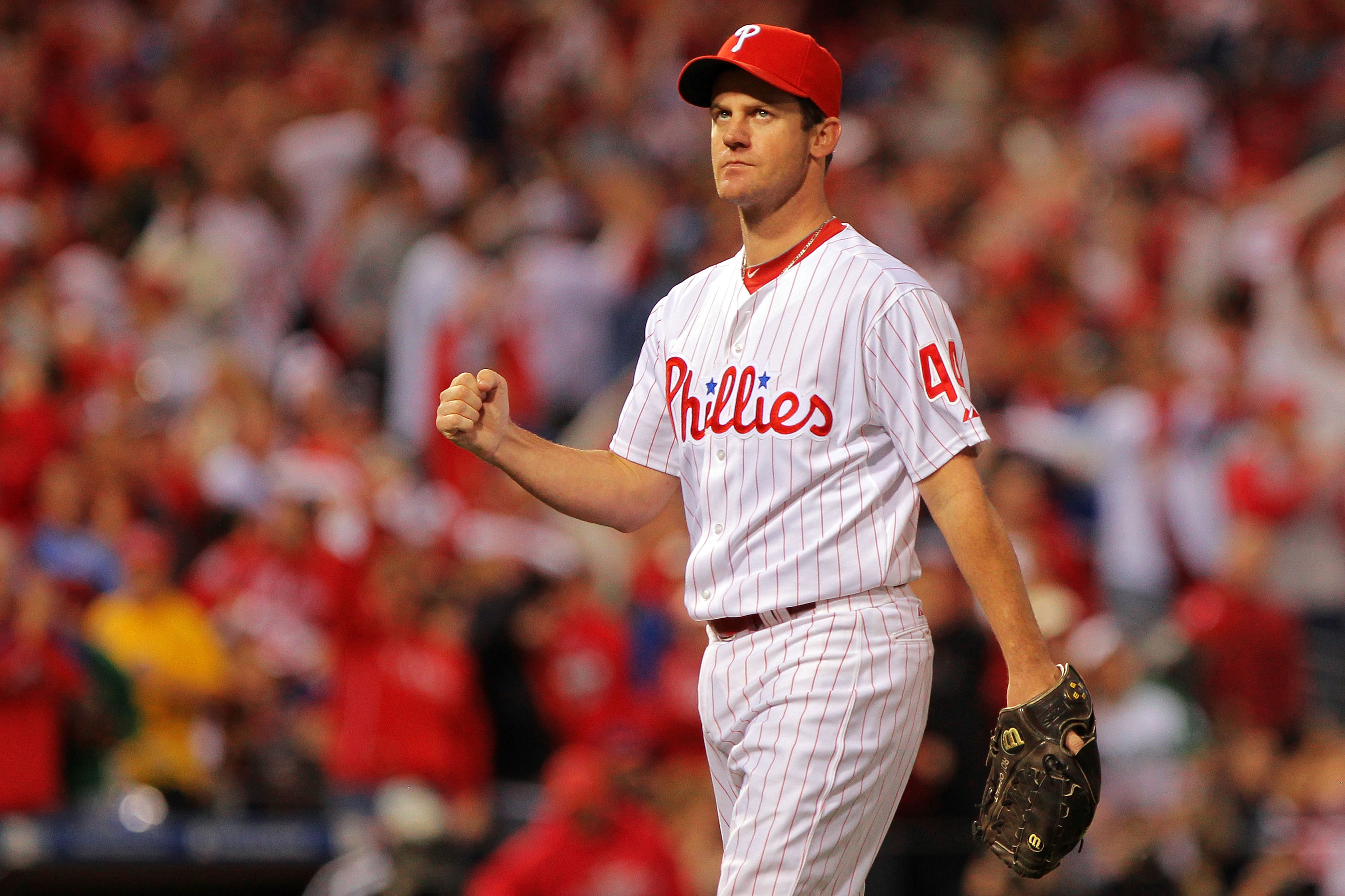 From left, Philadelphia Phillies pitchers Roy Oswalt, Joe Blanton