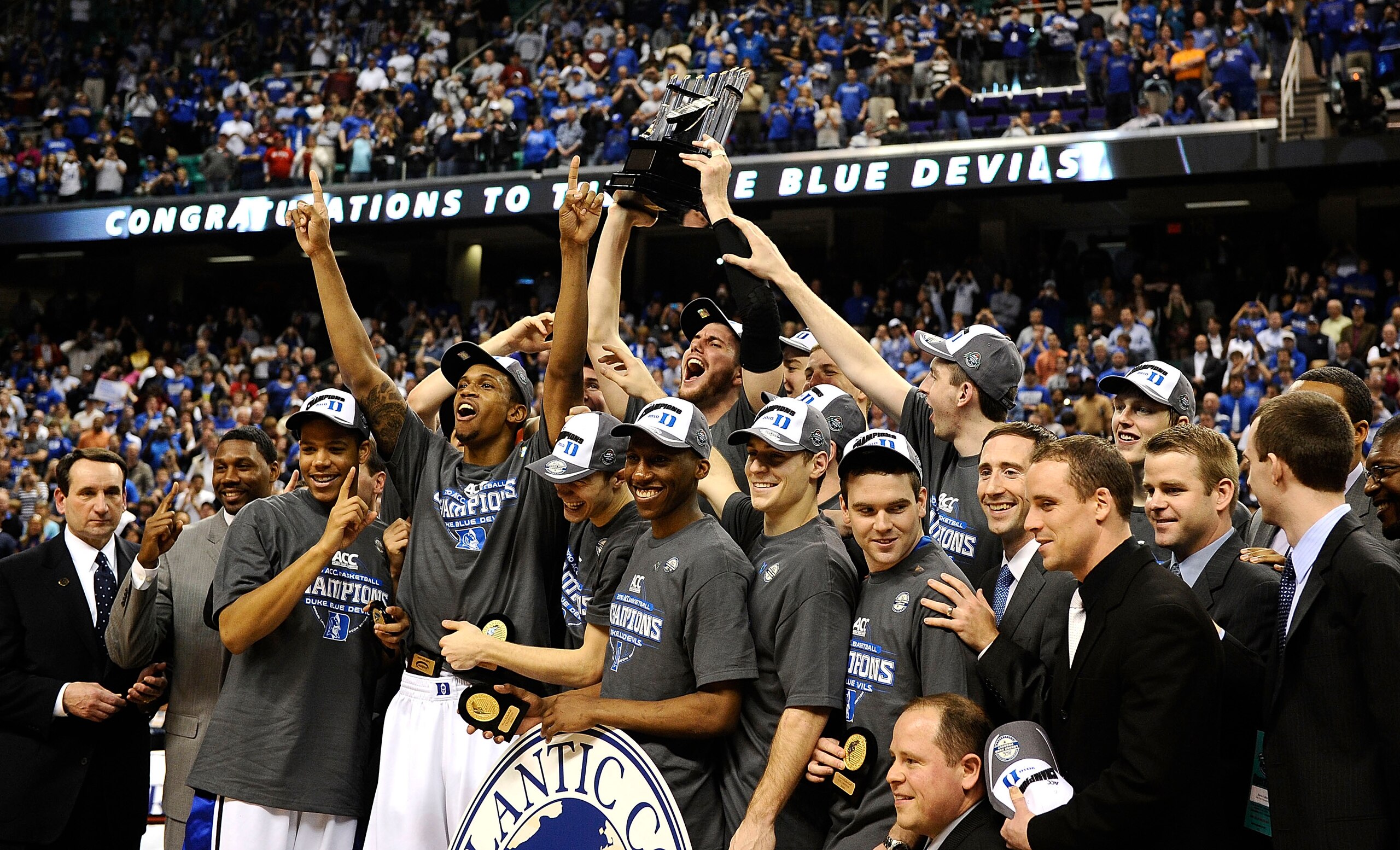 GREENSBORO, NC - MARCH 14:  The Duke Blue Devils celebrate their win over the Georgia Tech Yellow Jackets in the championship game of the 2010 ACC Men's Basketball Tournament at the Greensboro Coliseum on March 14, 2010 in Greensboro, North Carolina.  (Ph