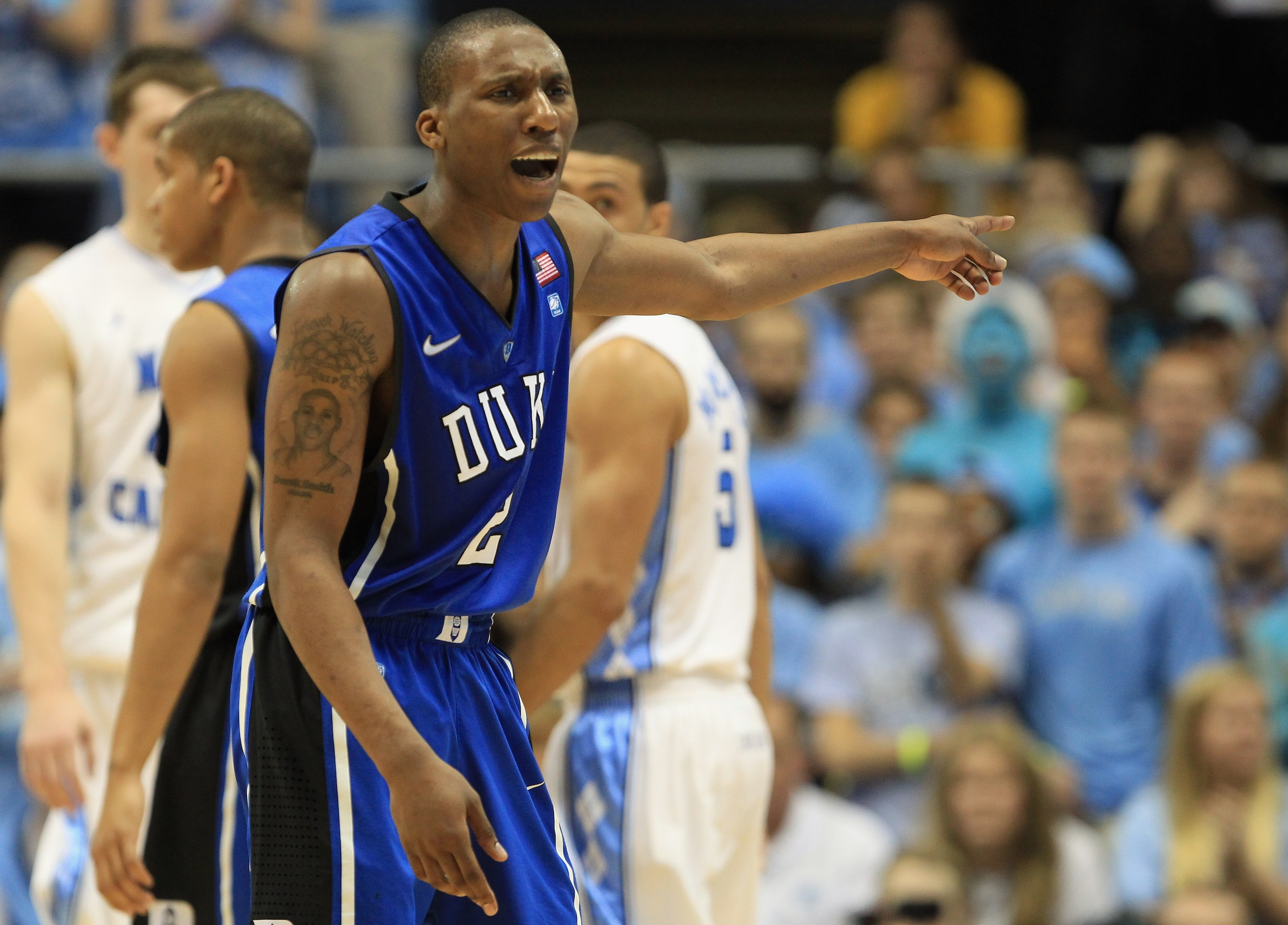 CHAPEL HILL, NC - MARCH 05:  Nolan Smith #2 of the Duke Blue Devils reacts to a call against the North Carolina Tar Heels during their game at the Dean E. Smith Center on March 5, 2011 in Chapel Hill, North Carolina.  (Photo by Streeter Lecka/Getty Images