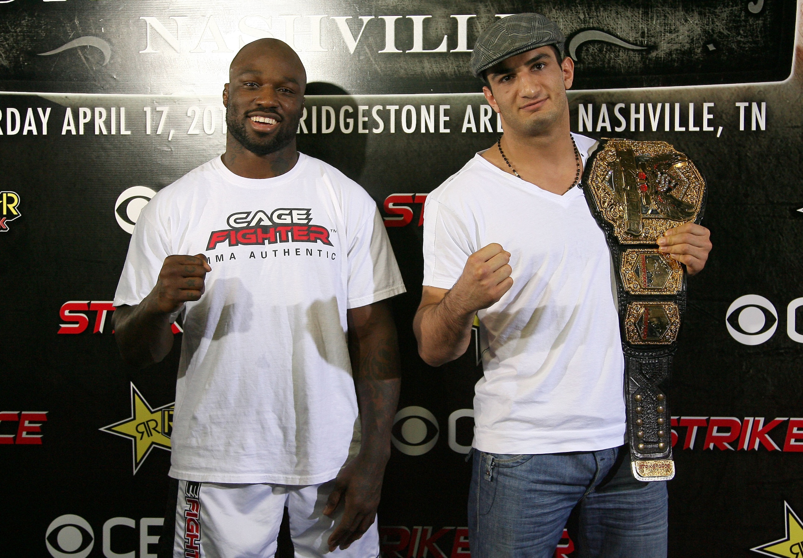 HOLLYWOOD - MARCH 17:  Undefeated Light Heavyweight contender 'King Mo' Lawal (L) and Strikeforce Light Heavyweight Champion Gegard 'The Dreamcatcher' Mousasi (R) attends the CBS' Strikeforce MMA Fighters Open Media Workout on March 17, 2010 in Hollywood,