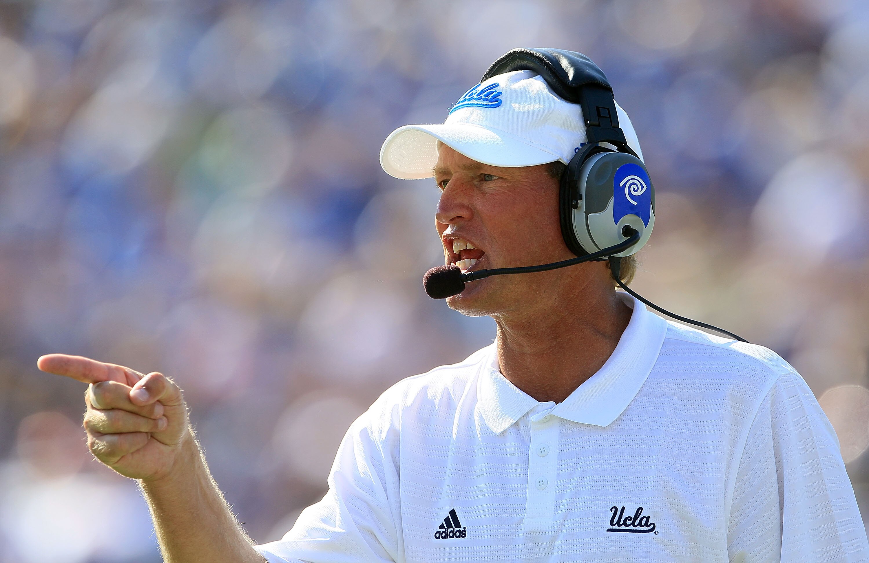 PASADENA, CA - OCTOBER 02:  Head Coach Rick Neuheisel of the UCLA Bruins watches the game against the Washington State Cougars during the game at the Rose Bowl on October 2, 2010 in Pasadena, California. UCLA defeated Washington State 42-28.  (Photo by Je