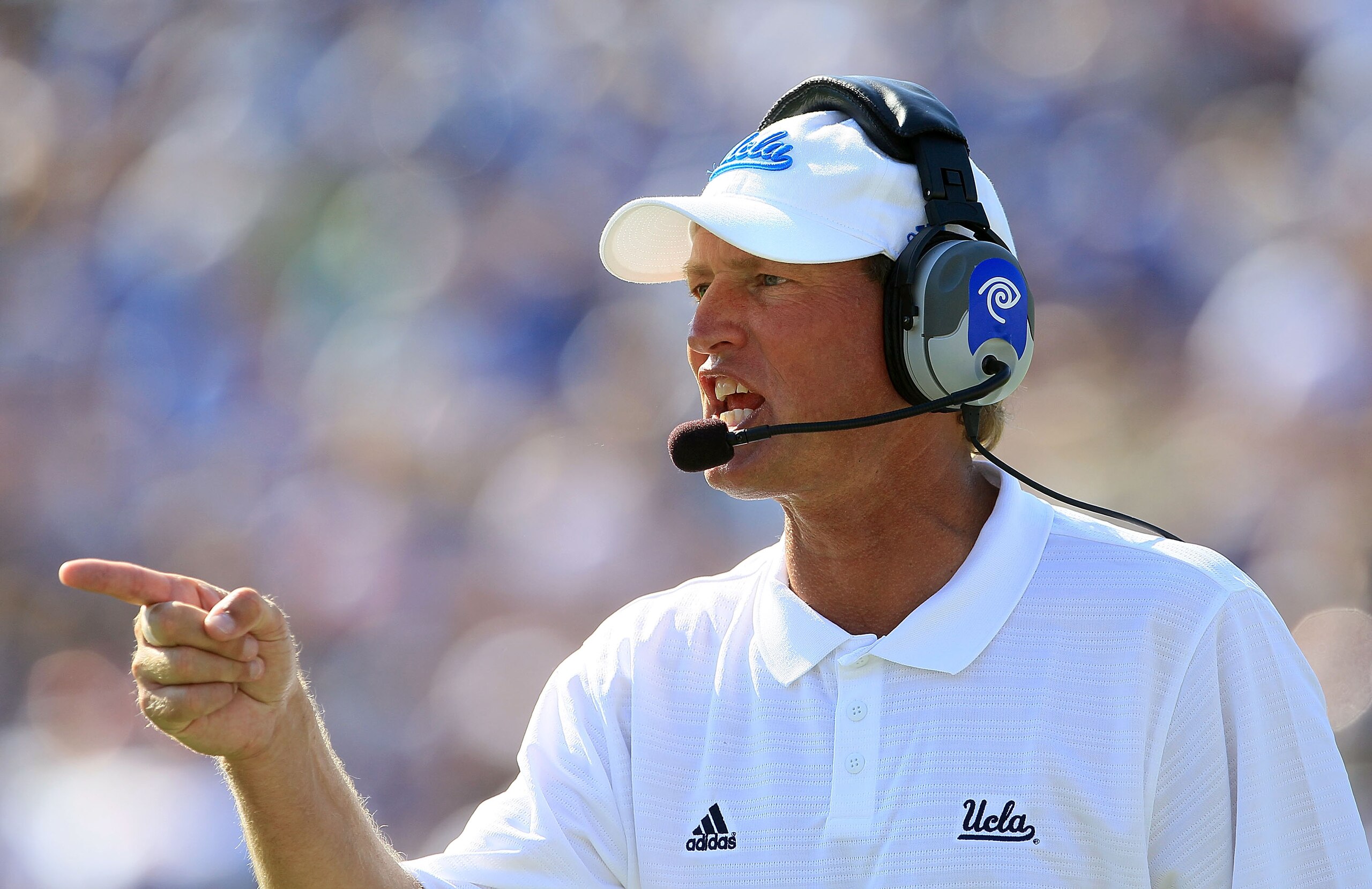 PASADENA, CA - OCTOBER 02:  Head Coach Rick Neuheisel of the UCLA Bruins watches the game against the Washington State Cougars during the game at the Rose Bowl on October 2, 2010 in Pasadena, California. UCLA defeated Washington State 42-28.  (Photo by Je