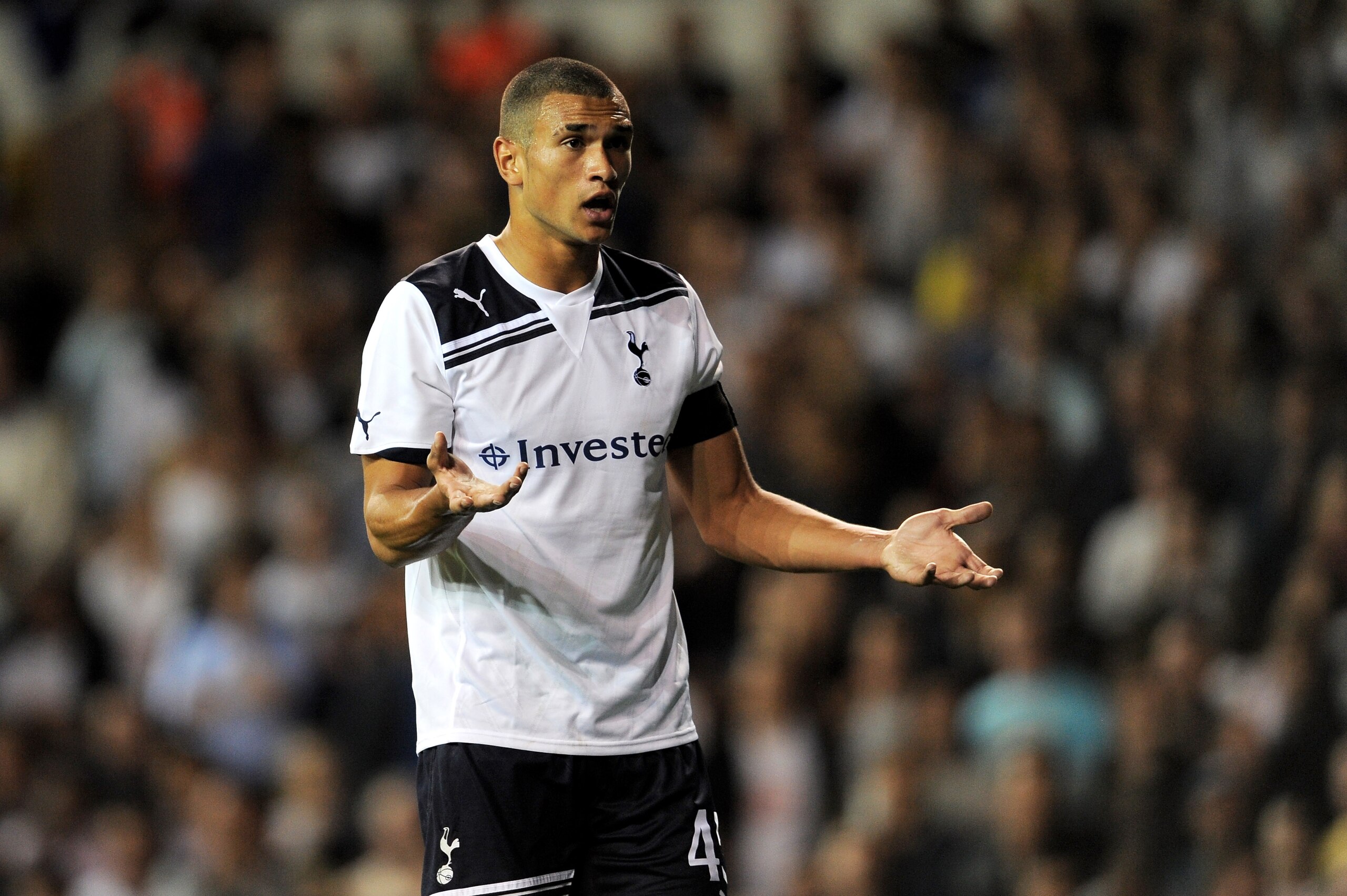 LONDON, ENGLAND - SEPTEMBER 21:  Steven Caulker of Spurs reacts during the Carling Cup third round match between Tottenham Hotspur and Arsenal at White Hart Lane on September 21, 2010 in London, England.  (Photo by Michael Regan/Getty Images)