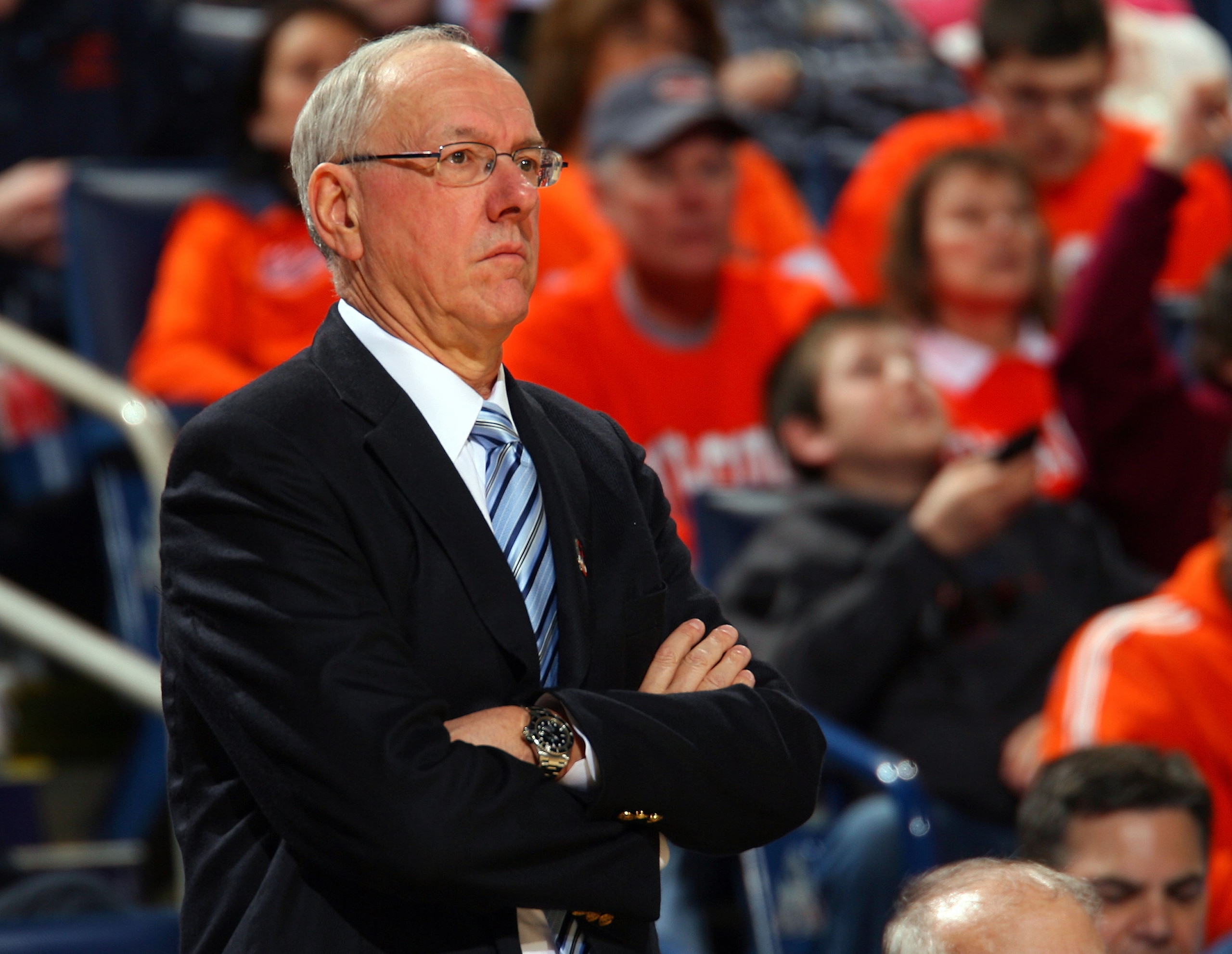 BUFFALO, NY - MARCH 19:  Head coach Jim Boeheim of the Syracuse Orange looks on from the bench during the first round of the 2010 NCAA men's basketball tournament at HSBC Arena on March 19, 2010 in Buffalo, New York.  (Photo by Rick Stewart/Getty Images)