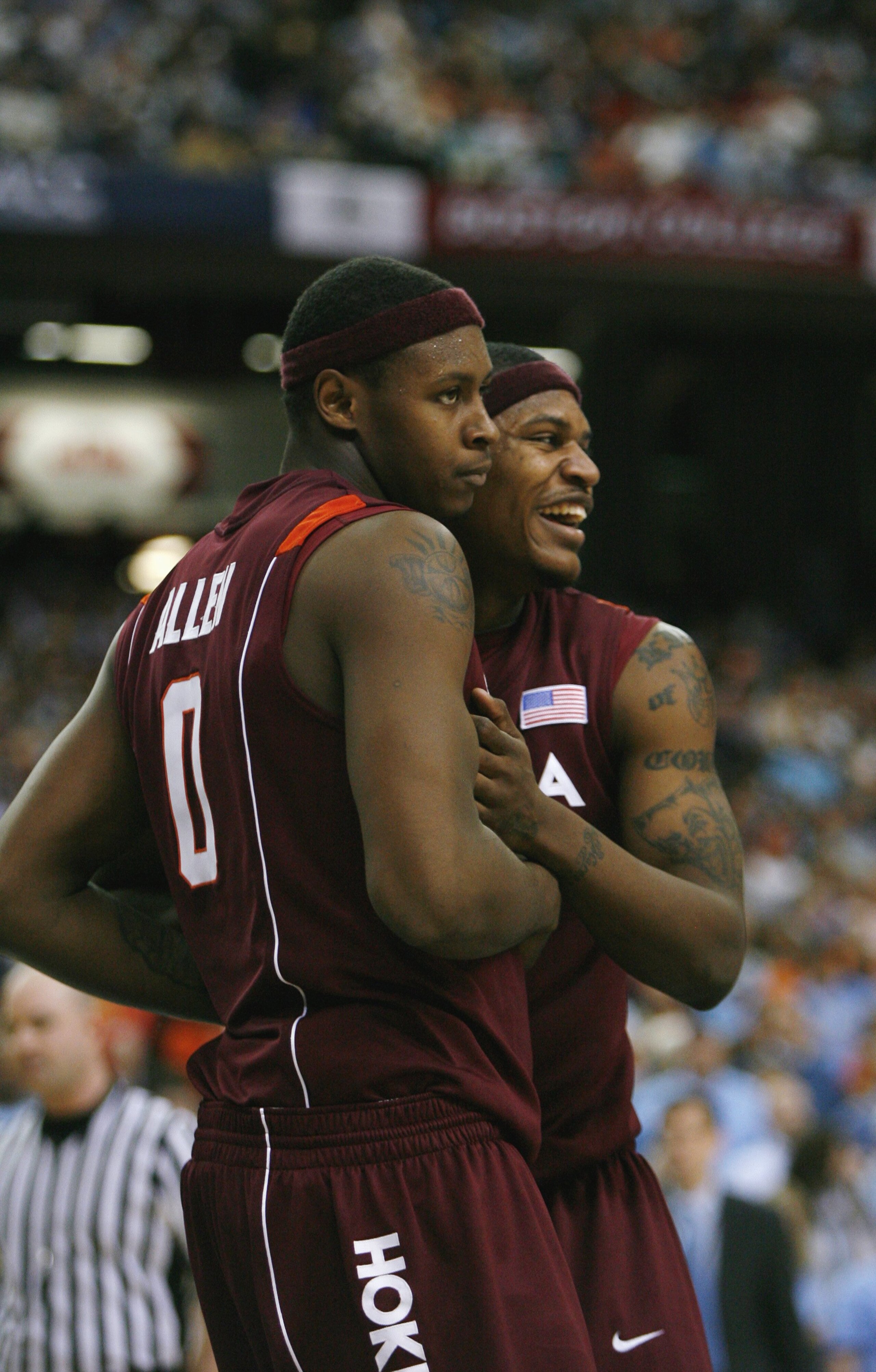 ATLANTA - MARCH 13:  Jeff Allen #0 and  J.T. Thompson #33 of the Virginia Tech Hokies celebrate against the North Carolina Tar Heels during day two of the 2009 ACC Men's Basketball Tournament on March 13, 2009 at the Georgia Dome in Atlanta, Georgia.  (Ph