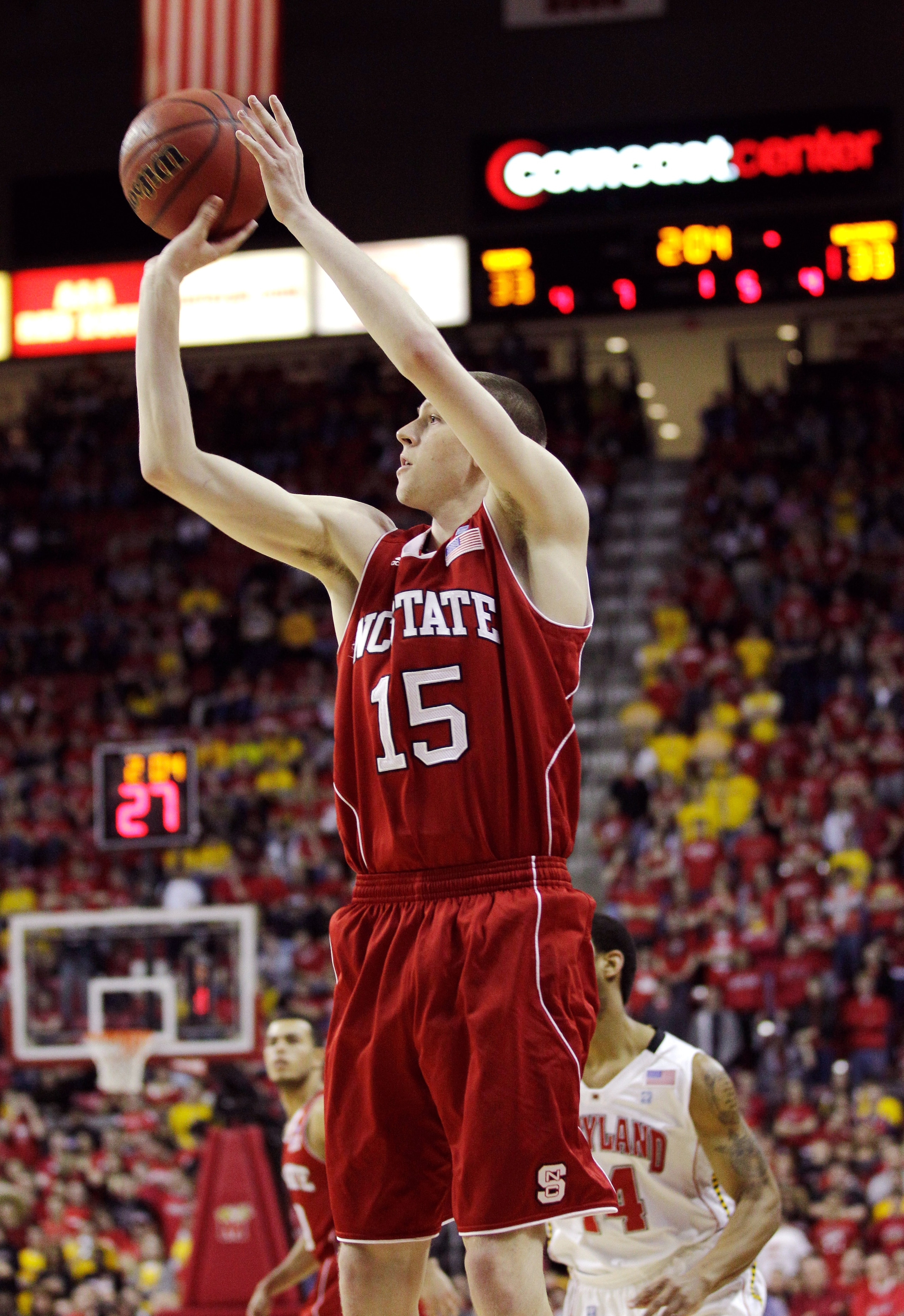COLLEGE PARK, MD - FEBRUARY 20: Scott Wood #15 of the North Carolina State Wolfpack shoots against the Maryland Terrapinsat the Comcast Center on February 20, 2011 in College Park, Maryland.  (Photo by Rob Carr/Getty Images)