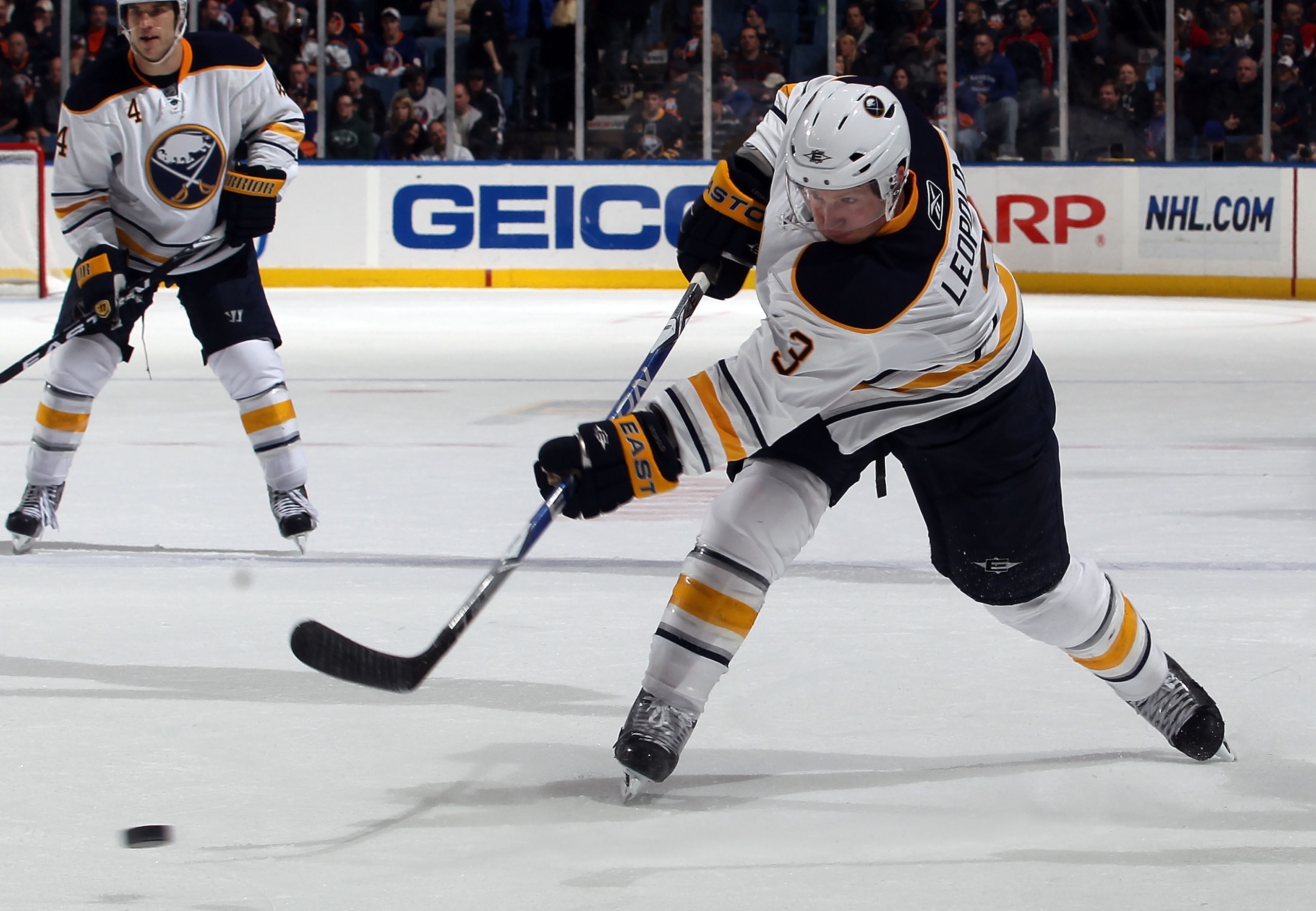 UNIONDALE, NY - JANUARY 15:  Jordan Leopold #3 of the Buffalo Sabres skates against the New York Islanders at the Nassau Coliseum on January 15, 2011 in Uniondale, New York. The Islanders won 5-3. (Photo by Bruce Bennett/Getty Images)