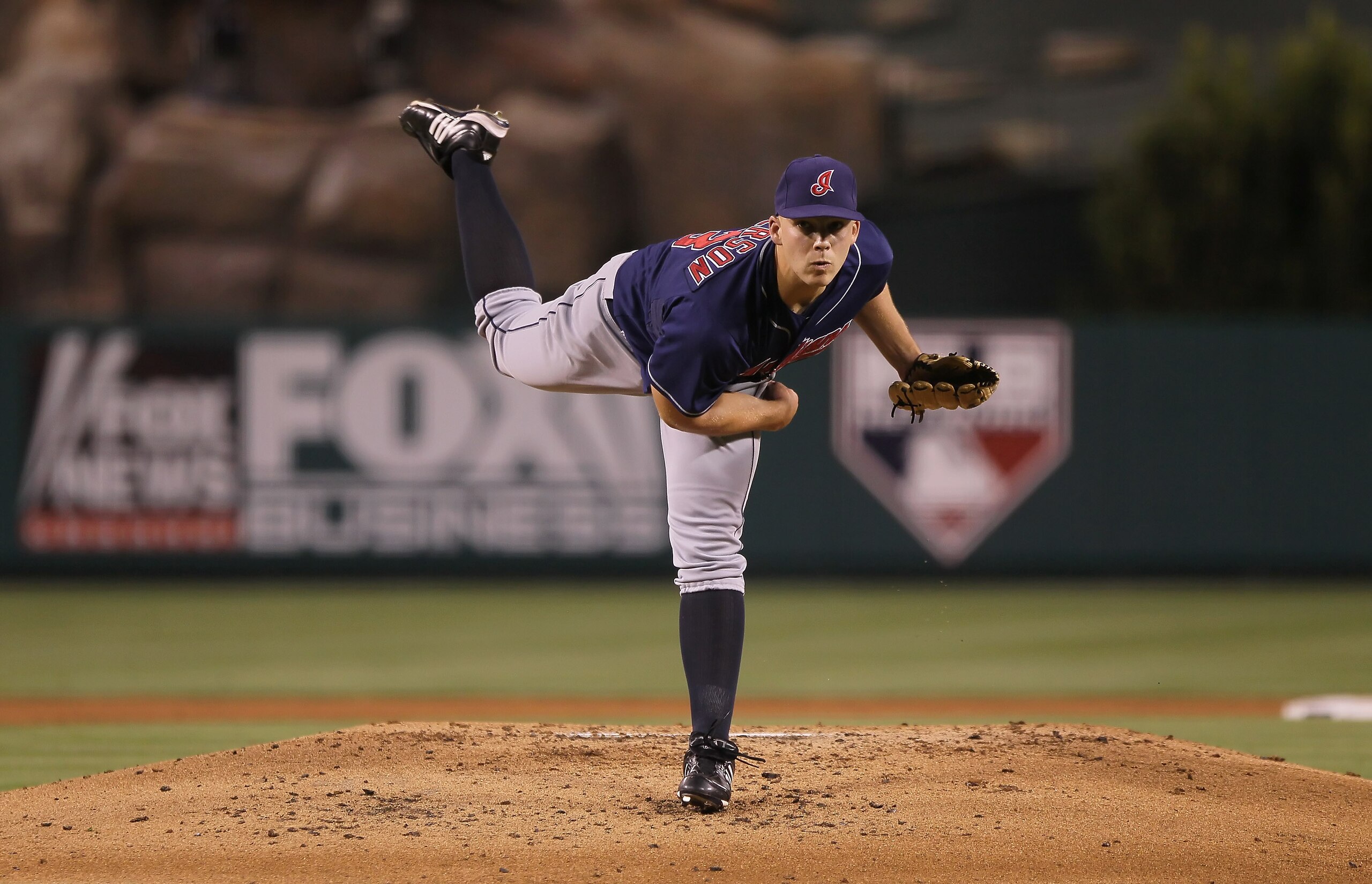 ANAHEIM, CA - SEPTEMBER 07:  Justin Masterson #63 of the Cleveland Indians pitches against the Los Angeles Angels of Anaheim in the game at Angel Stadium on September 7, 2010 in Anaheim, California.  (Photo by Jeff Gross/Getty Images)
