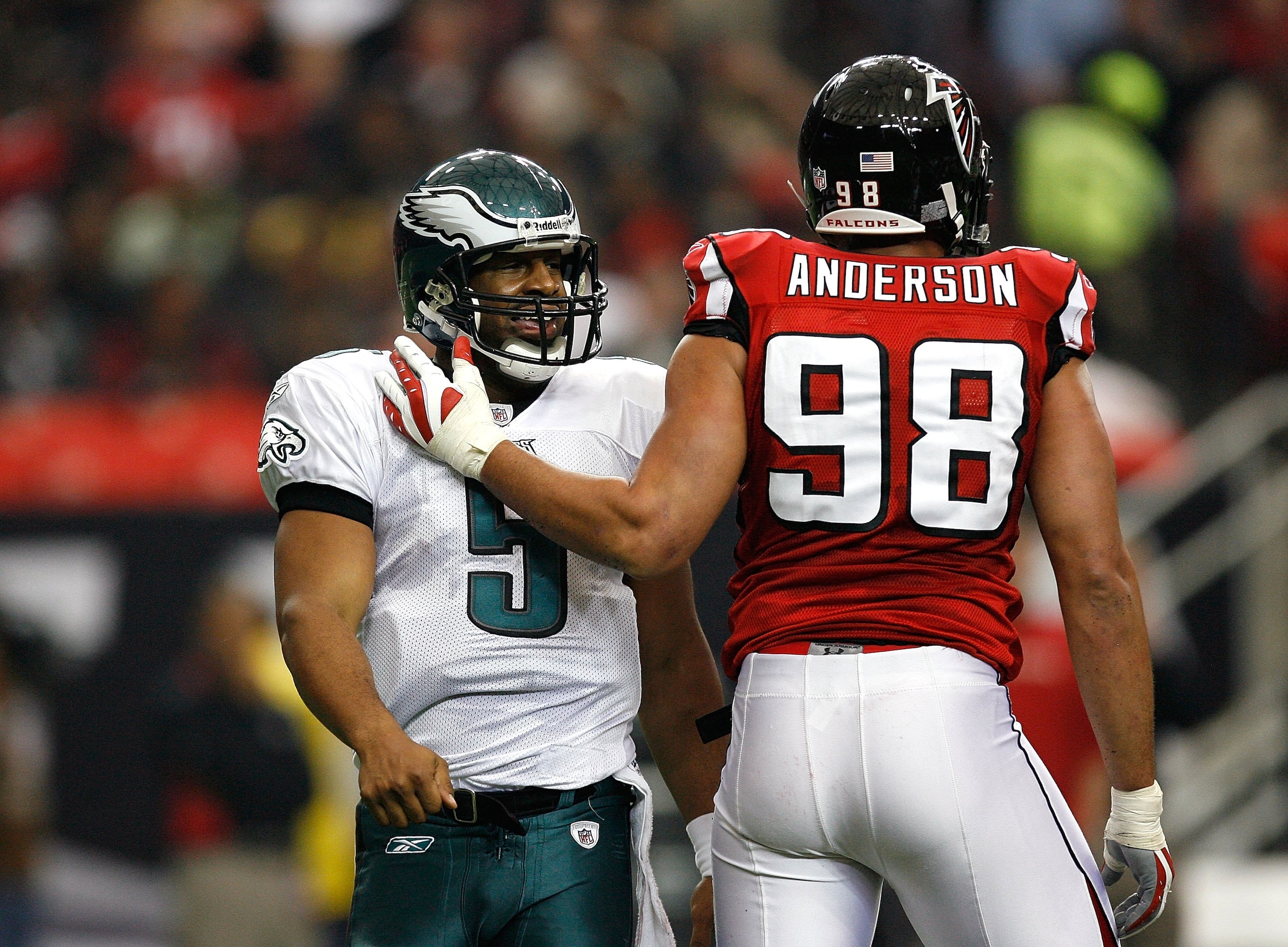 ATLANTA - DECEMBER 06:  Quarterback Donovan McNabb #5 of the Philadelphia Eagles against Jamaal Anderson #98 of the Atlanta Falcons at Georgia Dome on December 6, 2009 in Atlanta, Georgia.  (Photo by Kevin C. Cox/Getty Images)